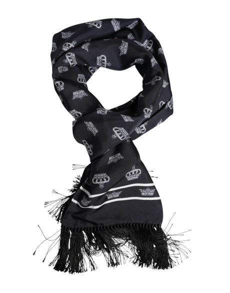 Dolce & Gabbana Black Silk Crown Fringes Men Foulard Scarf - Hilstor