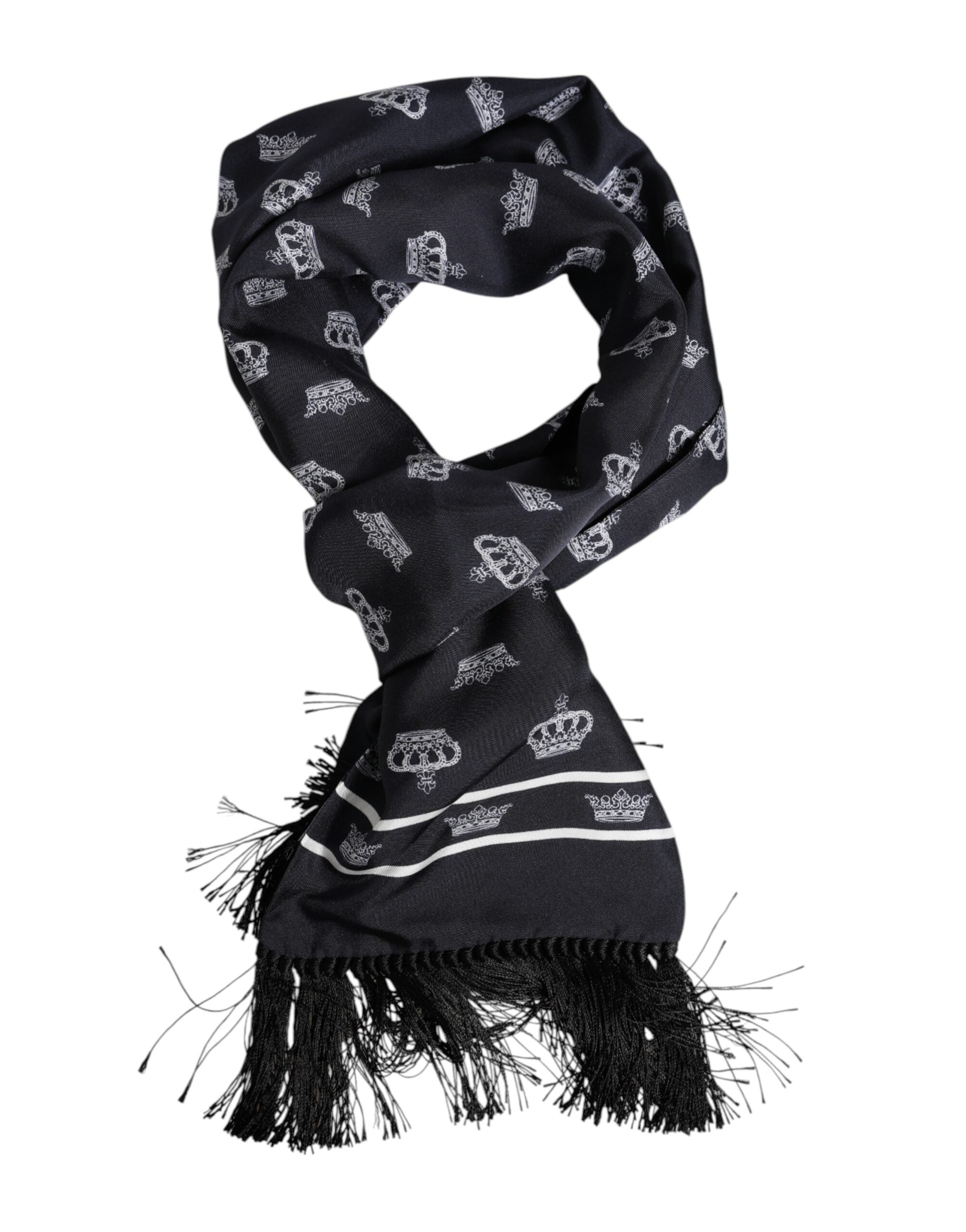 Dolce &amp; Gabbana Sort Silke Krone Frynser Herre Foulard Tørklæde