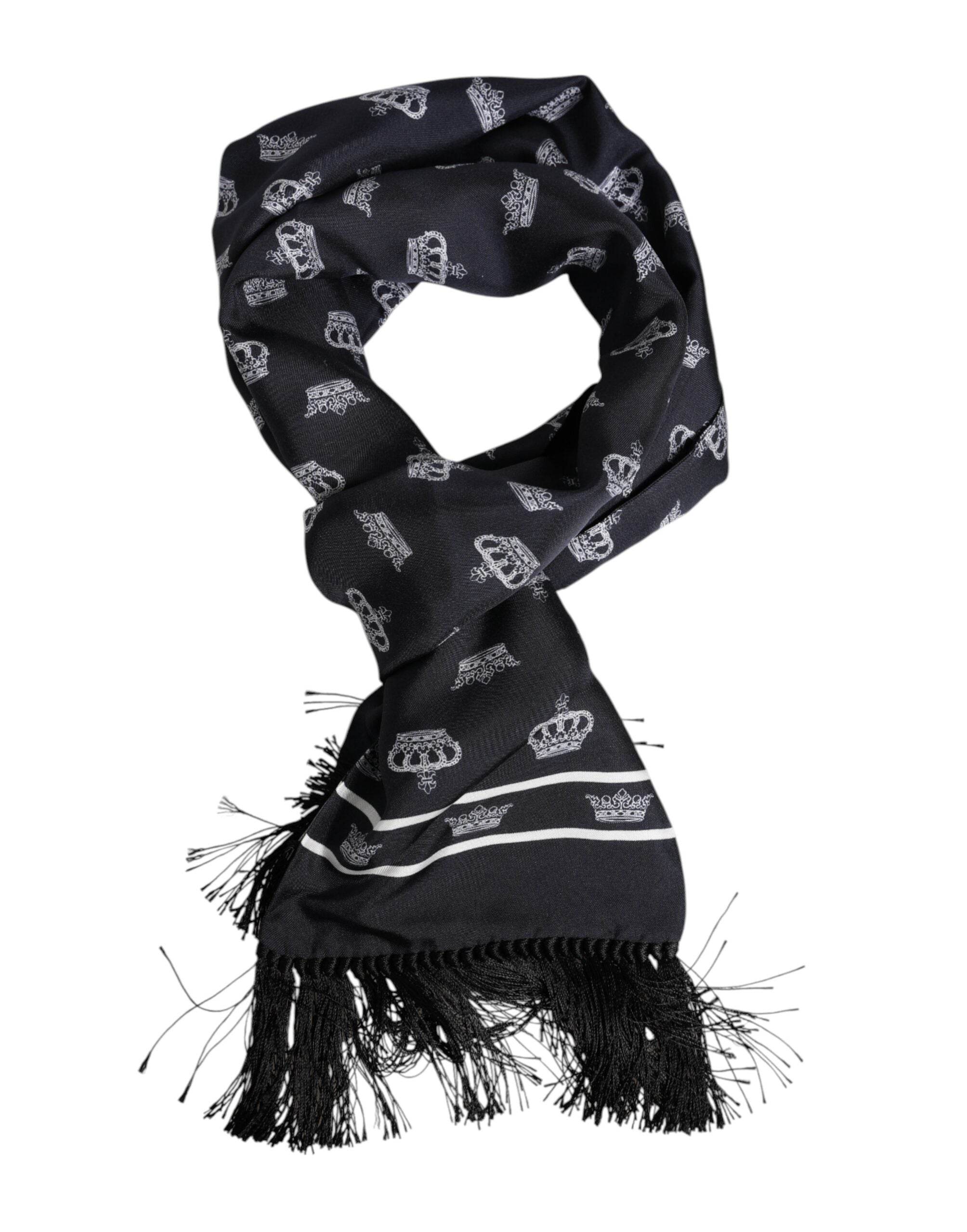 Dolce & Gabbana Black Silk Crown Fringes Men Foulard Scarf - Hilstor
