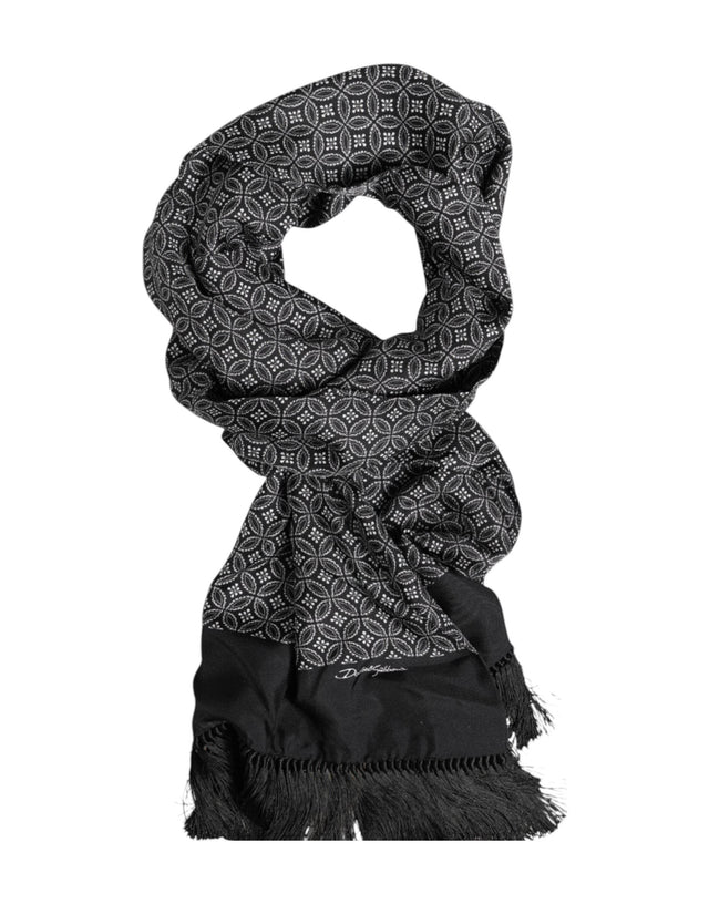 Dolce & Gabbana Black Patterned Fringes Men Foulard Scarf - Hilstor