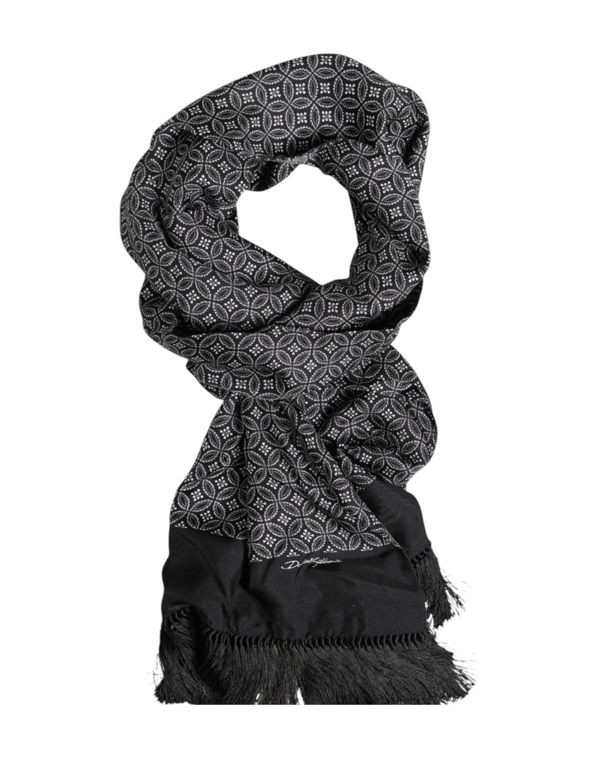 Dolce & Gabbana Black Patterned Fringes Men Foulard Scarf - Hilstor
