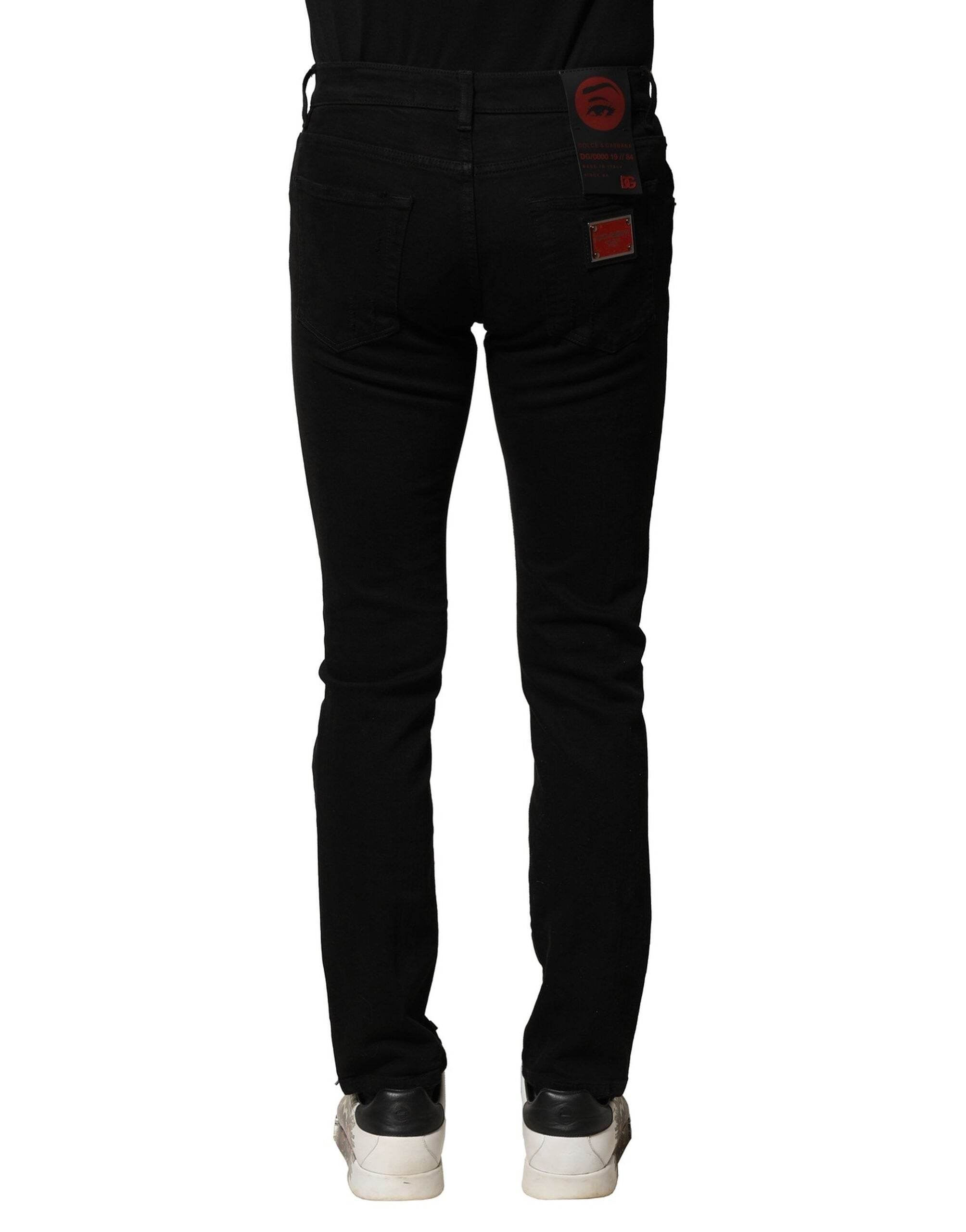 Dolce & Gabbana Black Cotton Logo Plaque Slim Denim Jeans - Hilstor