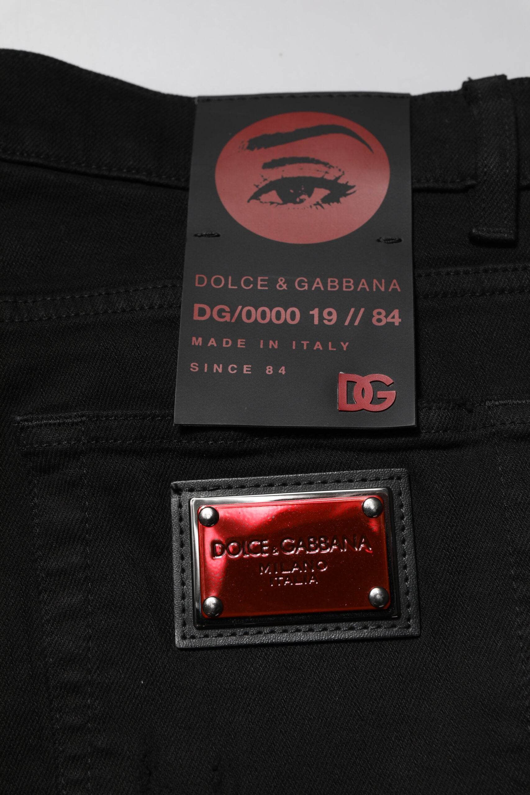Dolce & Gabbana Black Cotton Logo Plaque Slim Denim Jeans - Hilstor