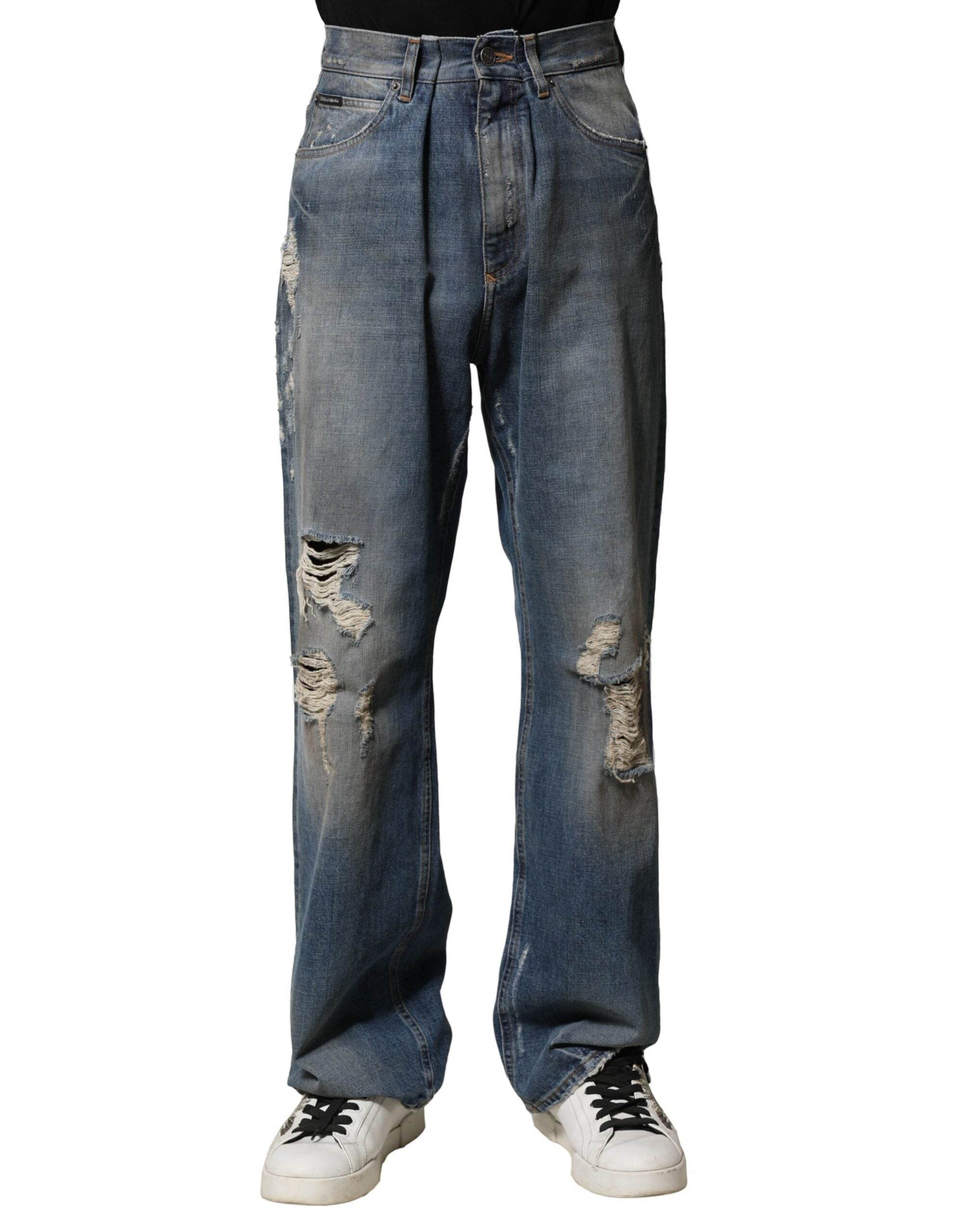 Dolce & Gabbana Blue Cotton Tattered Men Denim Jeans - Hilstor