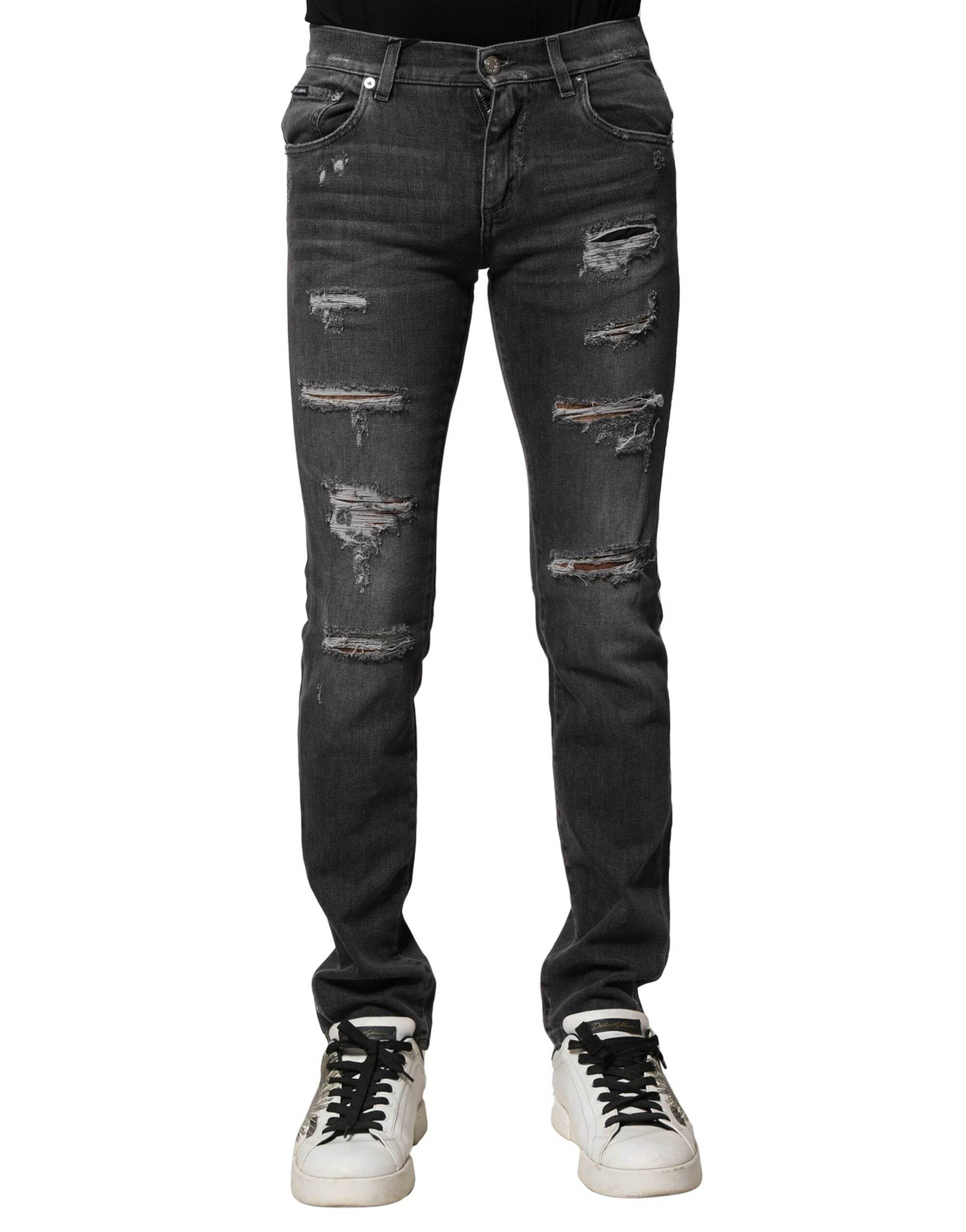 Dolce & Gabbana Black Washed Tattered Slim Fit Denim Jeans - Hilstor