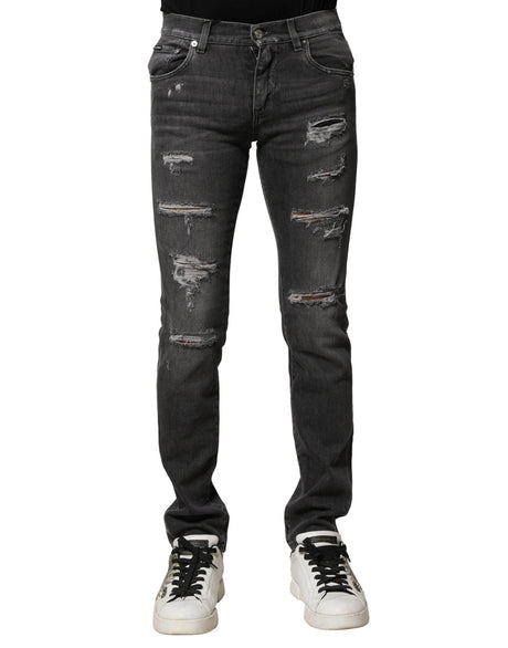 Dolce & Gabbana Black Washed Tattered Slim Fit Denim Jeans - Hilstor
