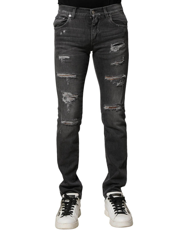 Dolce & Gabbana Black Washed Tattered Slim Fit Denim Jeans - Hilstor