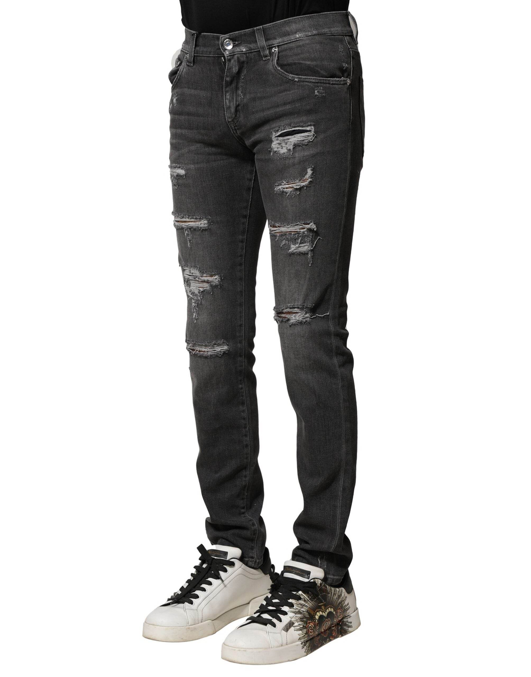 Dolce & Gabbana Black Washed Tattered Slim Fit Denim Jeans - Hilstor