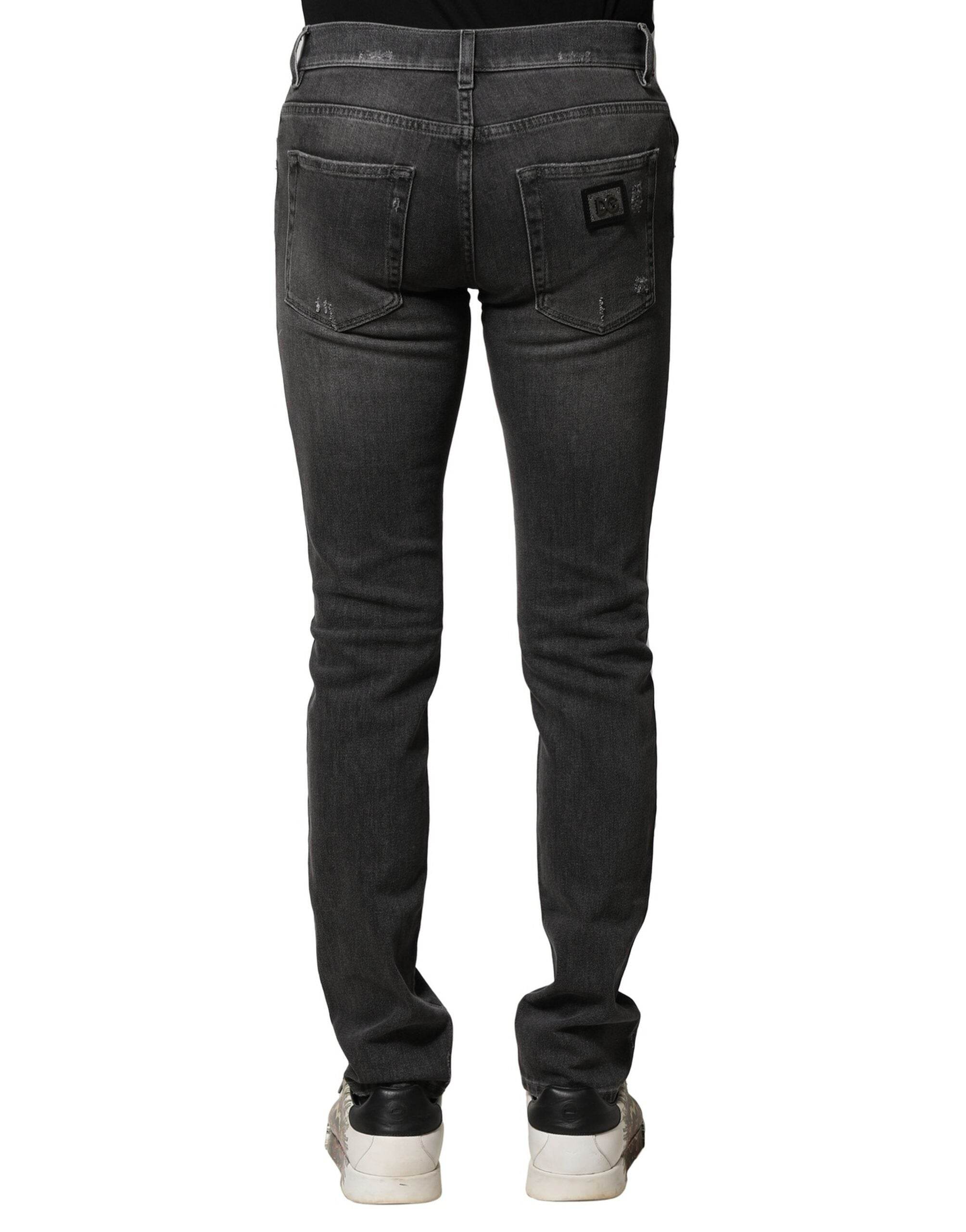 Dolce & Gabbana Black Washed Tattered Slim Fit Denim Jeans - Hilstor