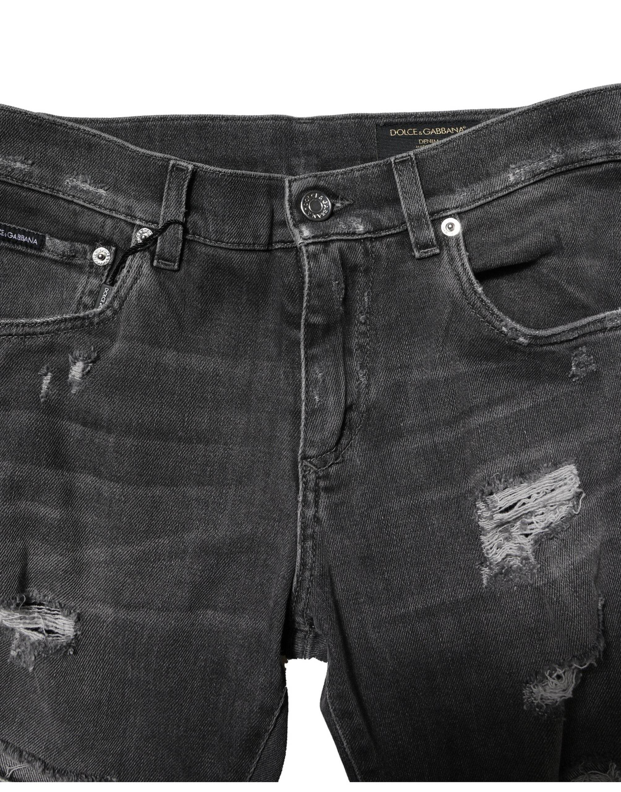 Dolce & Gabbana Black Washed Tattered Slim Fit Denim Jeans - Hilstor