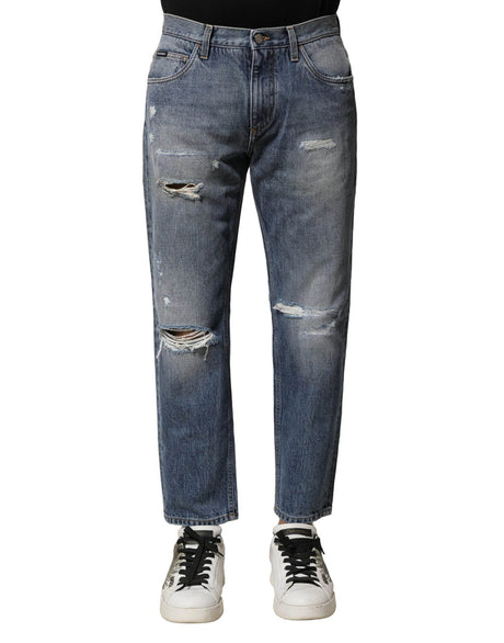 Dolce & Gabbana Blue Washed Tattered Straight Fit Denim Jeans - Hilstor