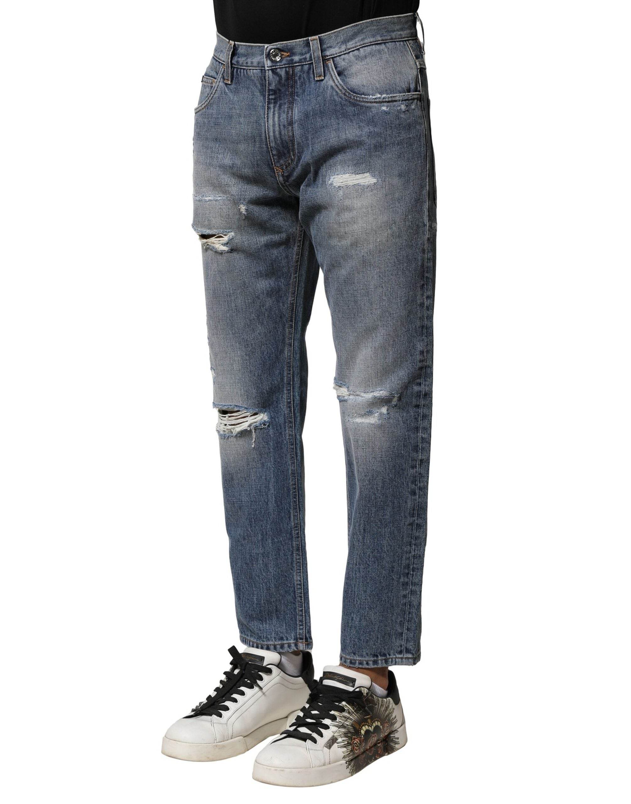 Dolce & Gabbana Blue Washed Tattered Straight Fit Denim Jeans - Hilstor