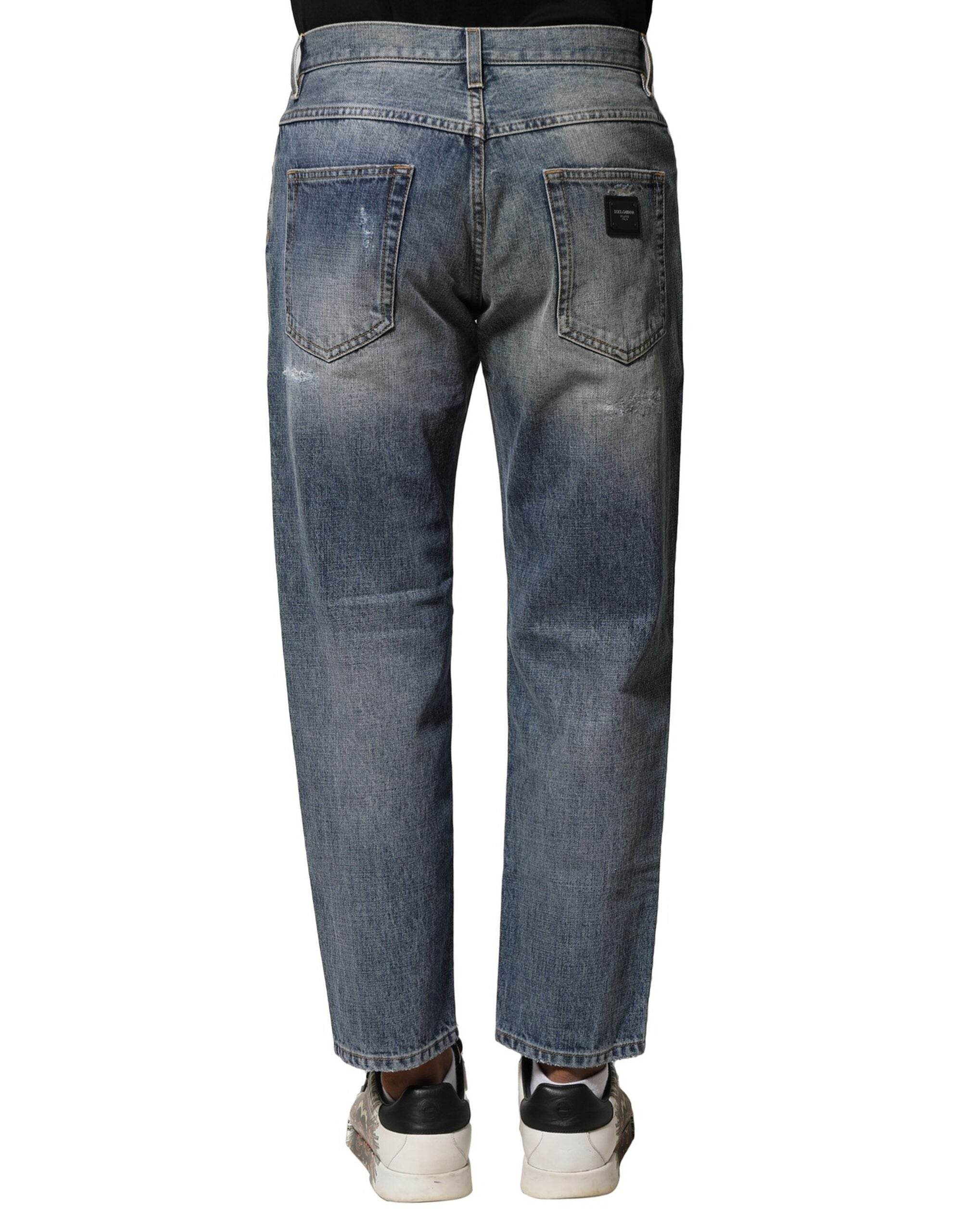 Dolce & Gabbana Blue Washed Tattered Straight Fit Denim Jeans - Hilstor