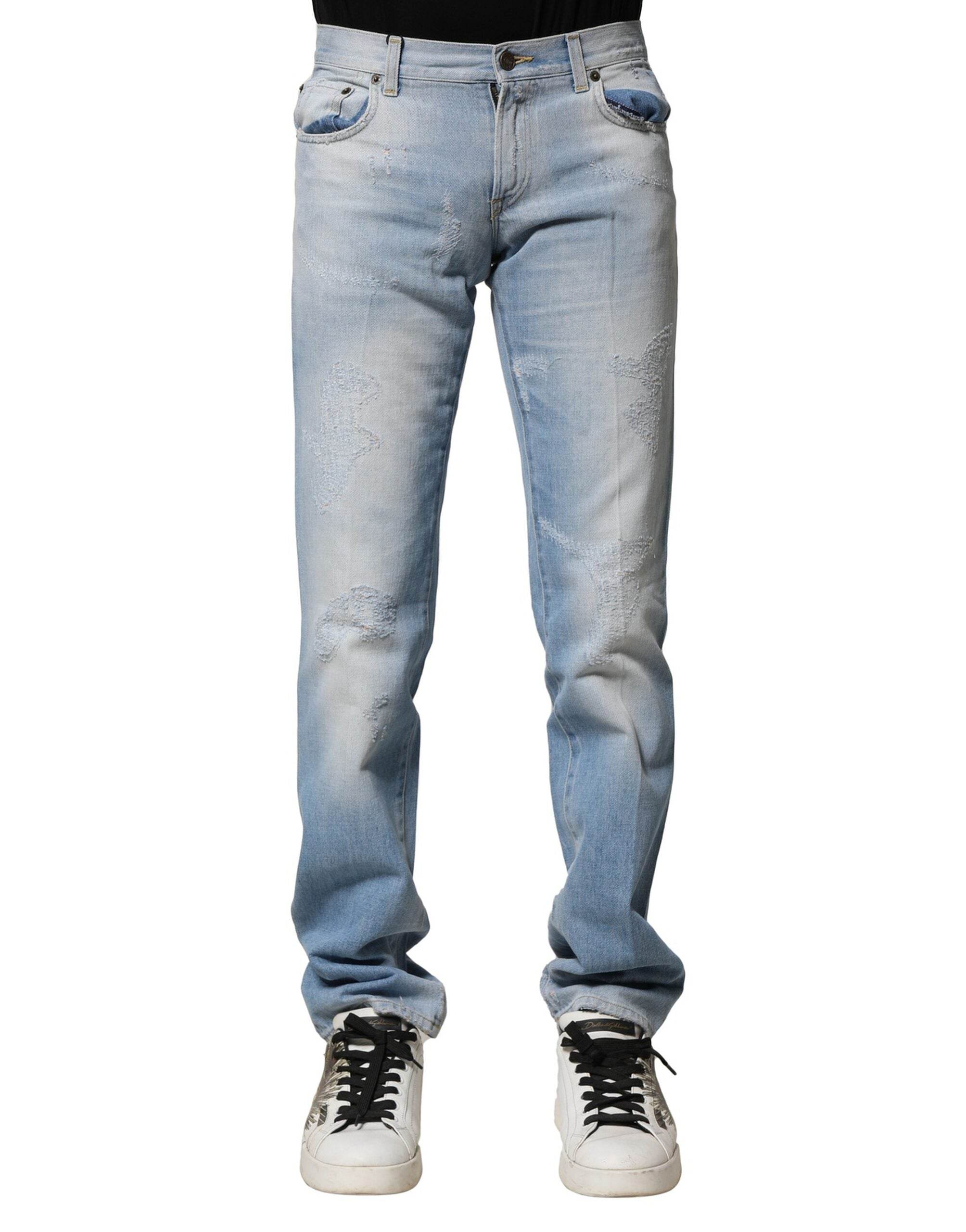 Dolce & Gabbana Light Blue Washed Straight Fit Denim Jeans - Hilstor