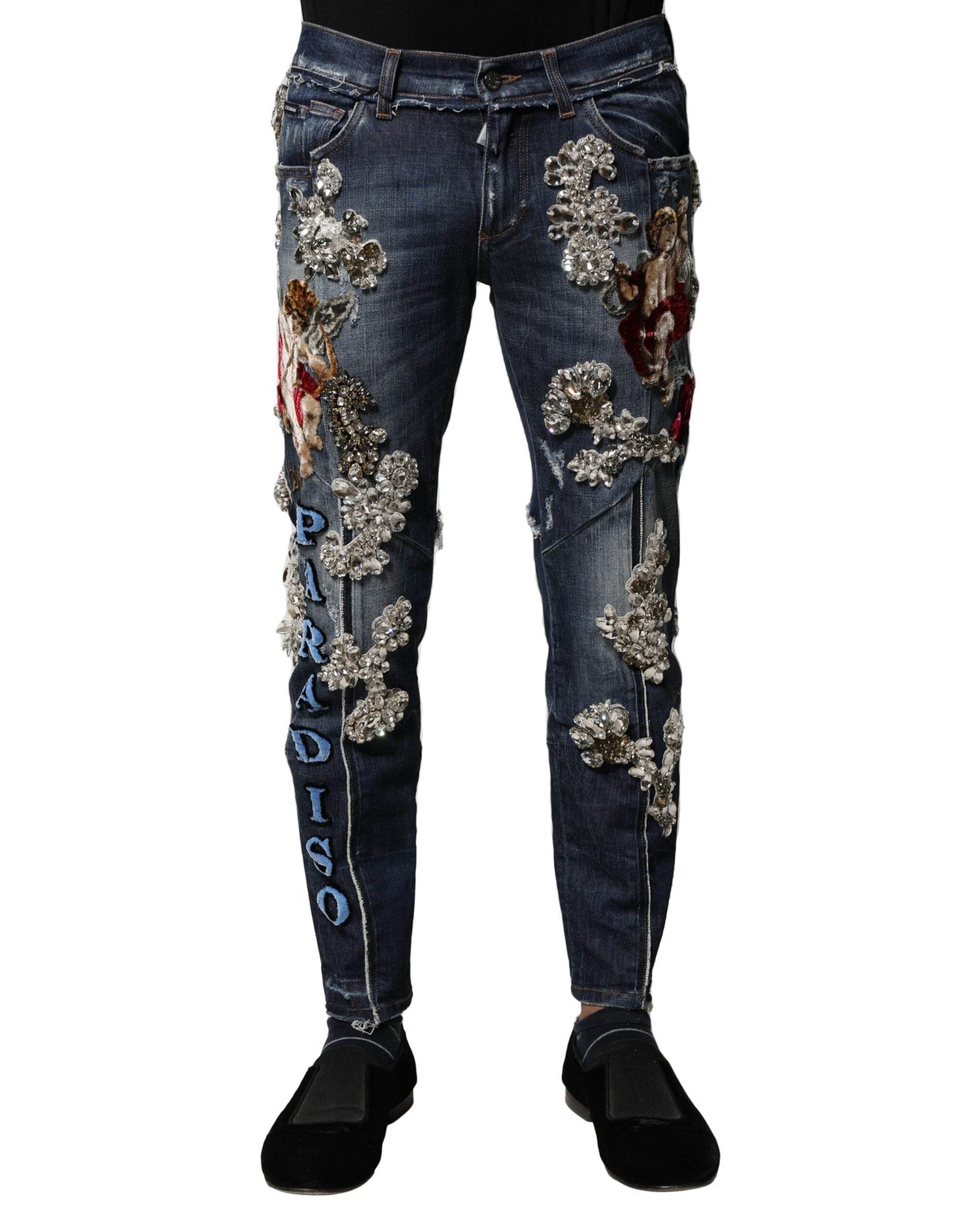 Dolce & Gabbana Blue Cotton Rhinestone Embellish Denim Jeans - Hilstor
