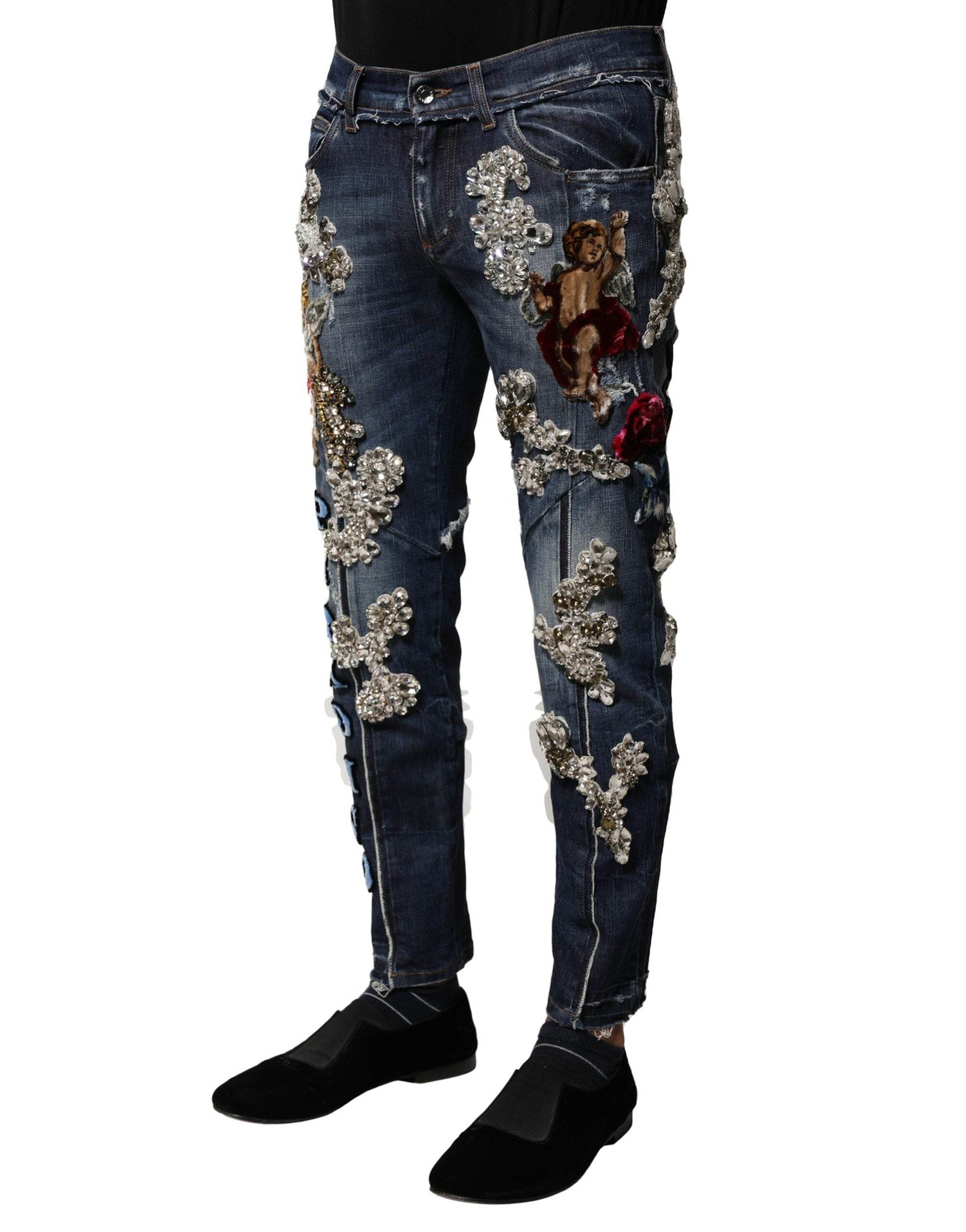 Dolce & Gabbana Blue Cotton Rhinestone Embellish Denim Jeans - Hilstor