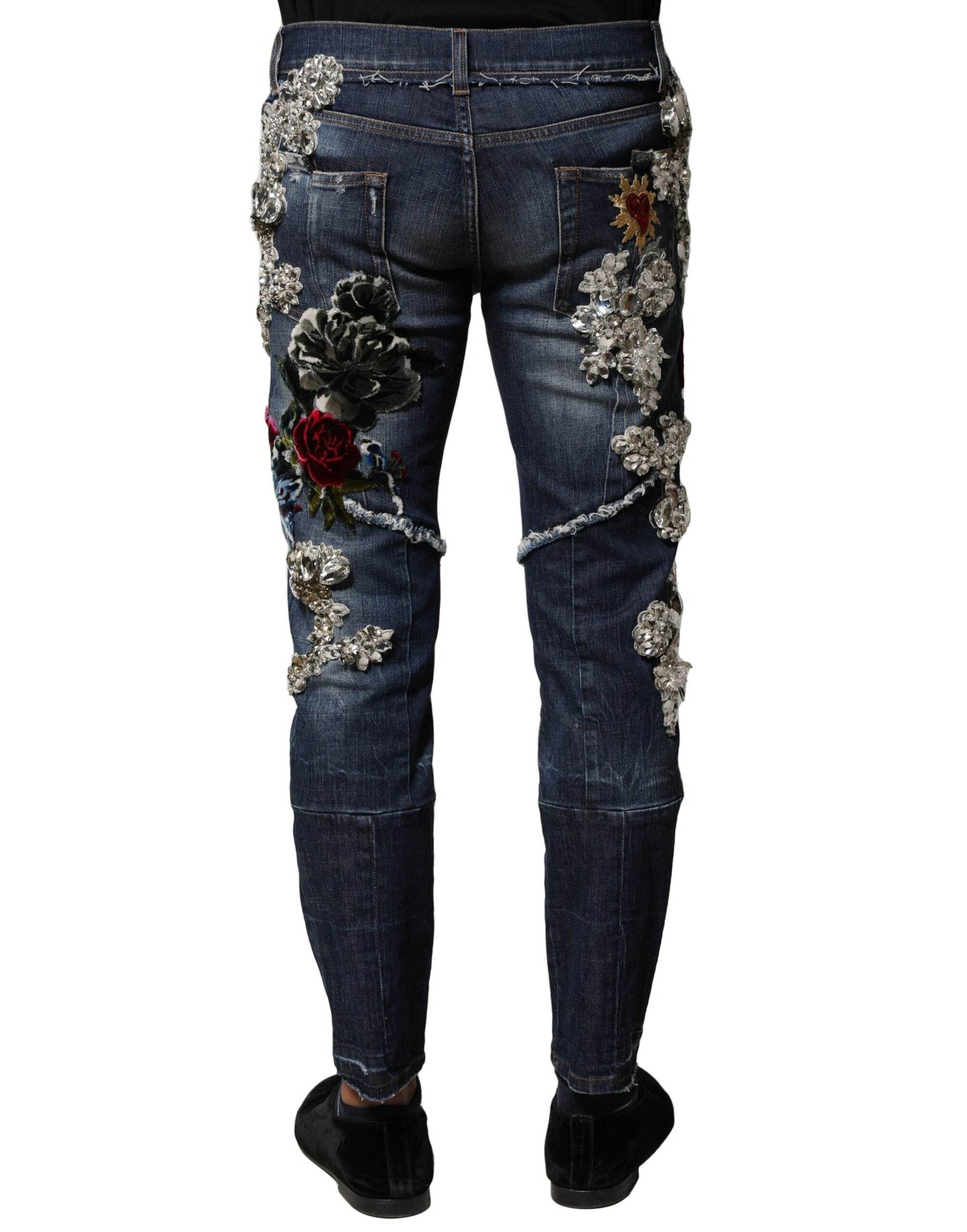 Dolce & Gabbana Blue Cotton Rhinestone Embellish Denim Jeans - Hilstor