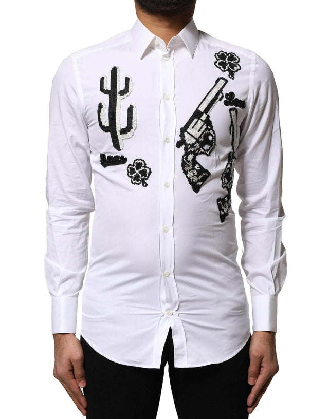 Dolce & Gabbana White GOLD Embroidery Detailed Dress Shirt - Hilstor