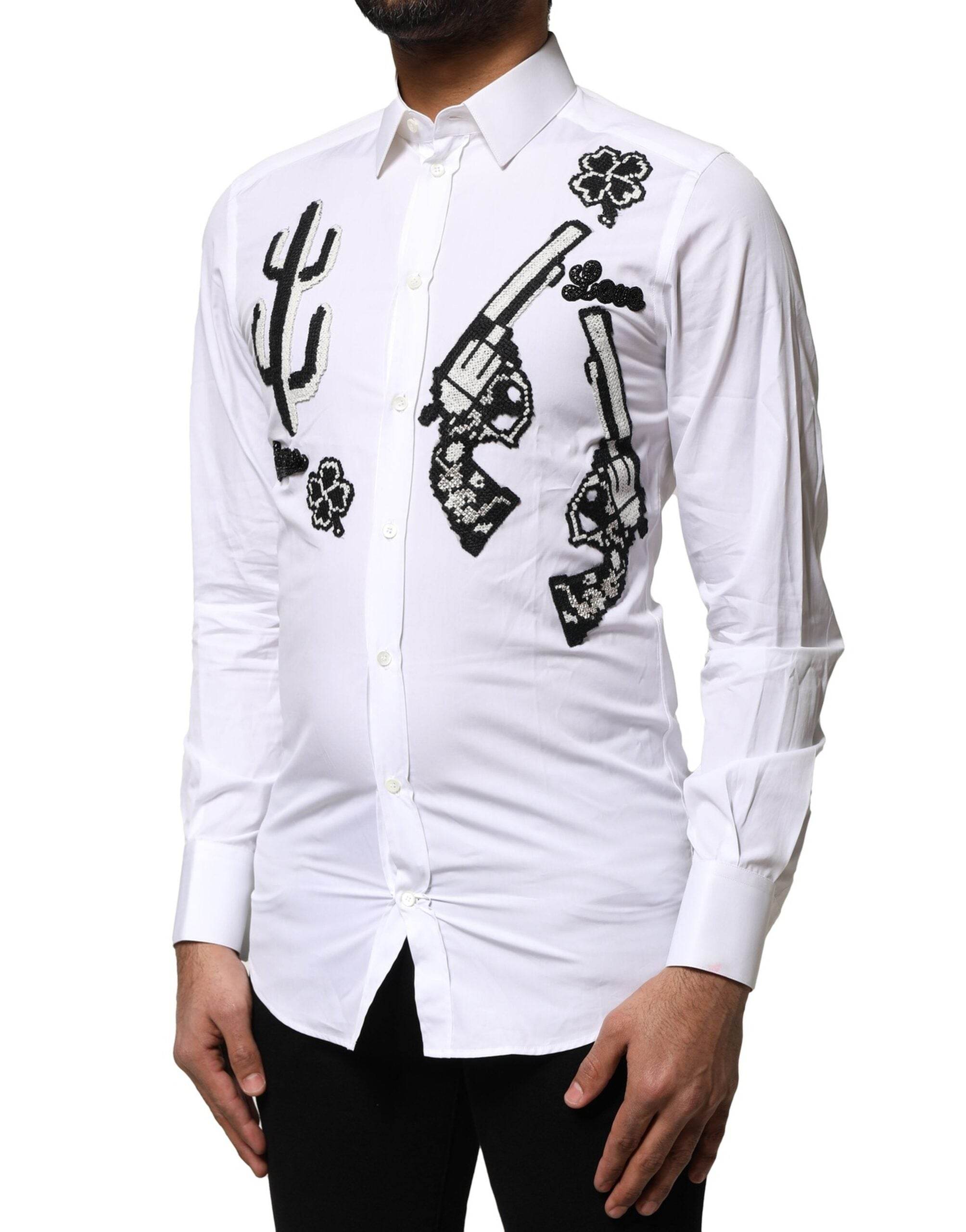 Dolce & Gabbana White GOLD Embroidery Detailed Dress Shirt - Hilstor