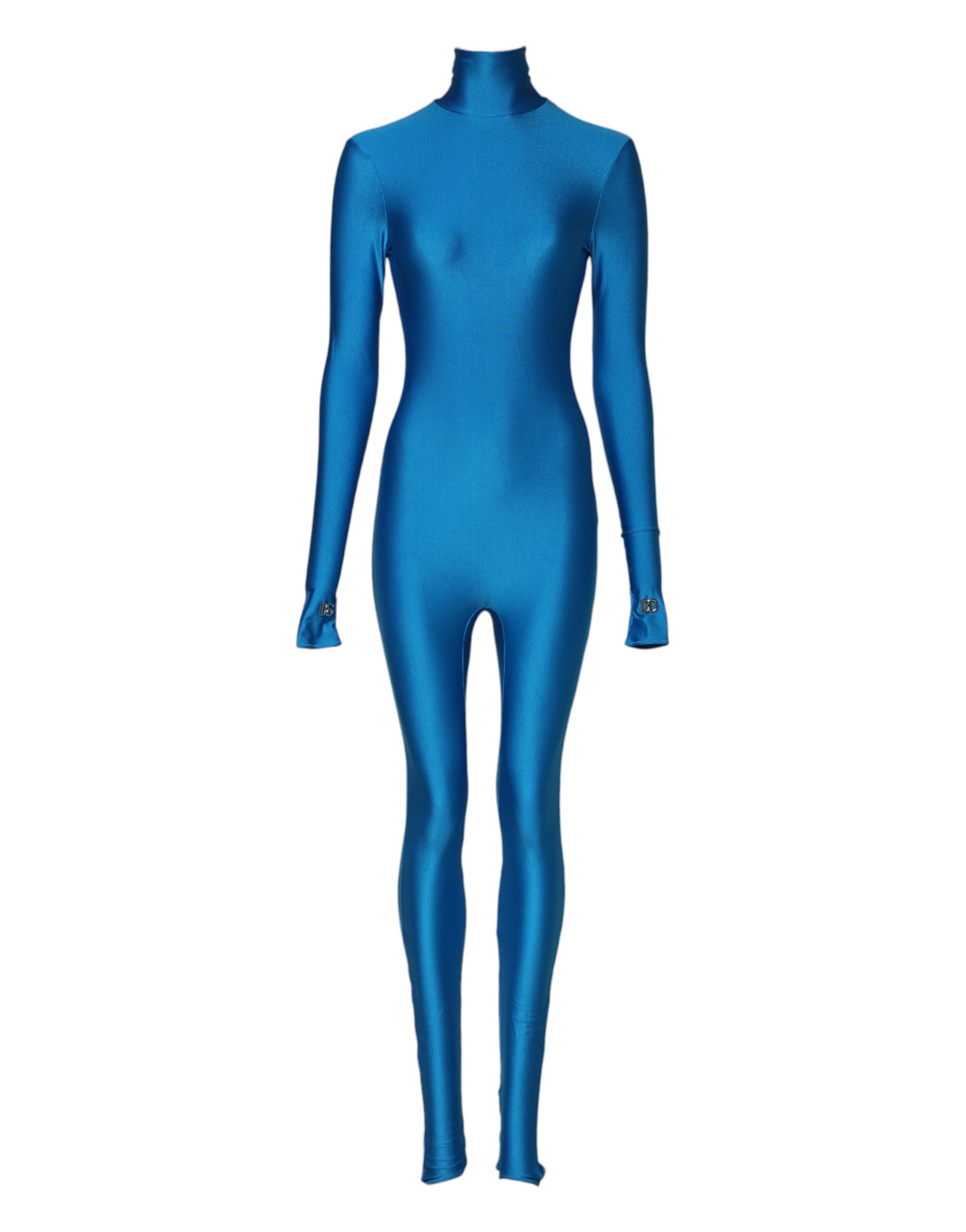 Dolce &amp; Gabbana Blå Nylon Turtleneck Bodycon Jumpsuit Kjole