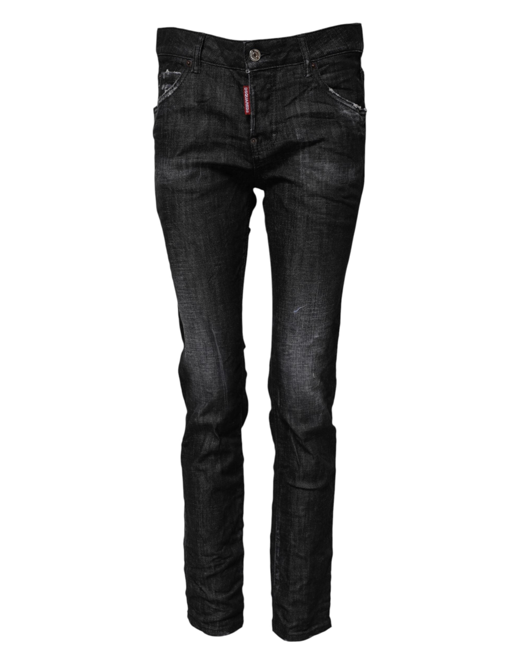 Dsquared² Svarta Tvättade Bomulls-Slim Jeans Med Mellanhög Midja