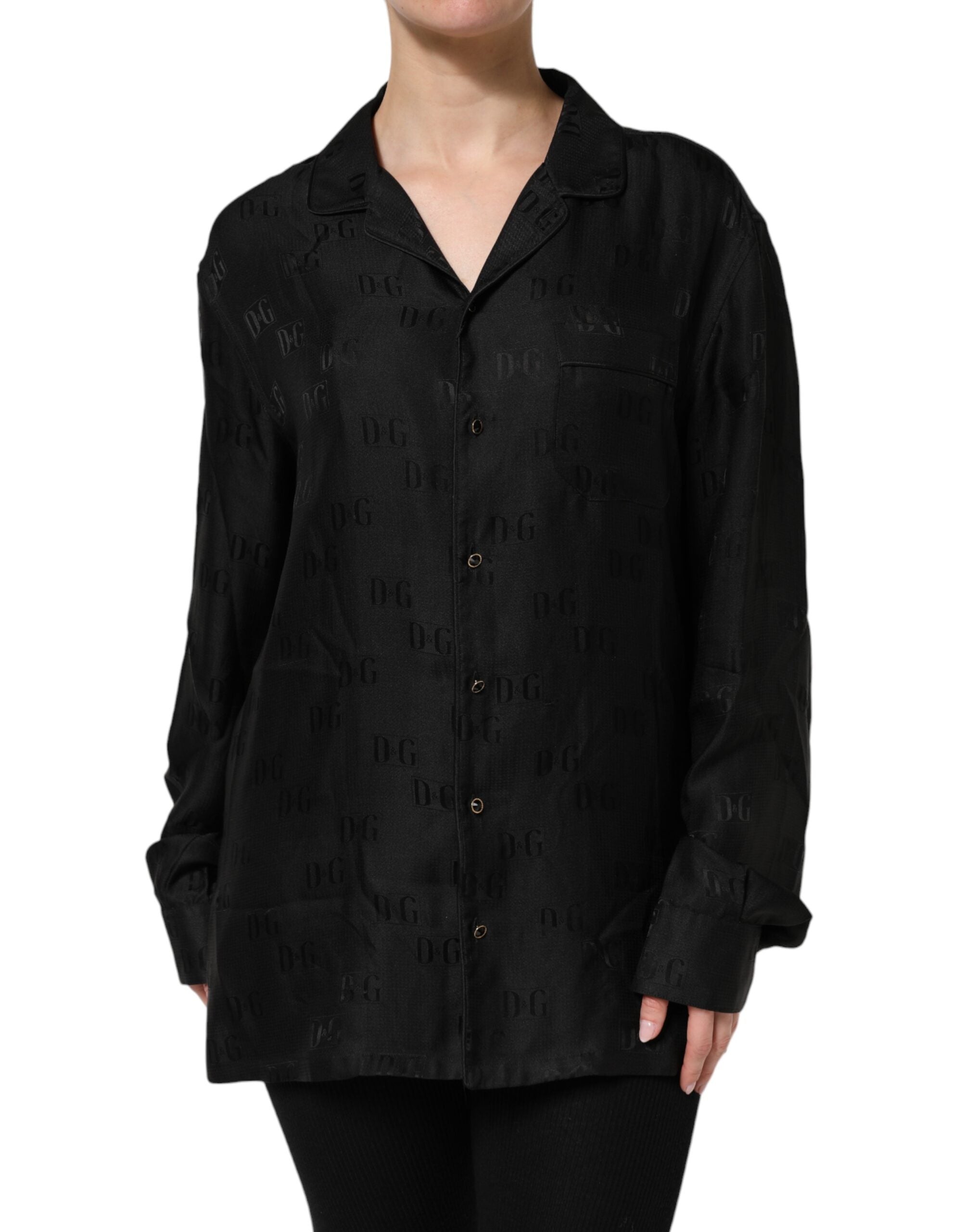 Dolce &amp; Gabbana Sort Silketop med DG Broderi og Lange Ærmer