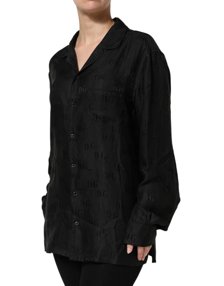 Dolce &amp; Gabbana Sort Silketop med DG Broderi og Lange Ærmer