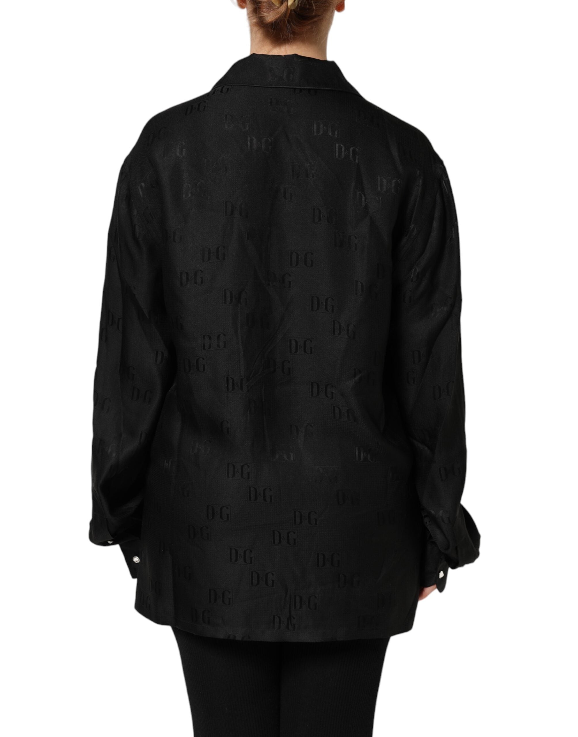 Dolce &amp; Gabbana Sort Silketop med DG Broderi og Lange Ærmer