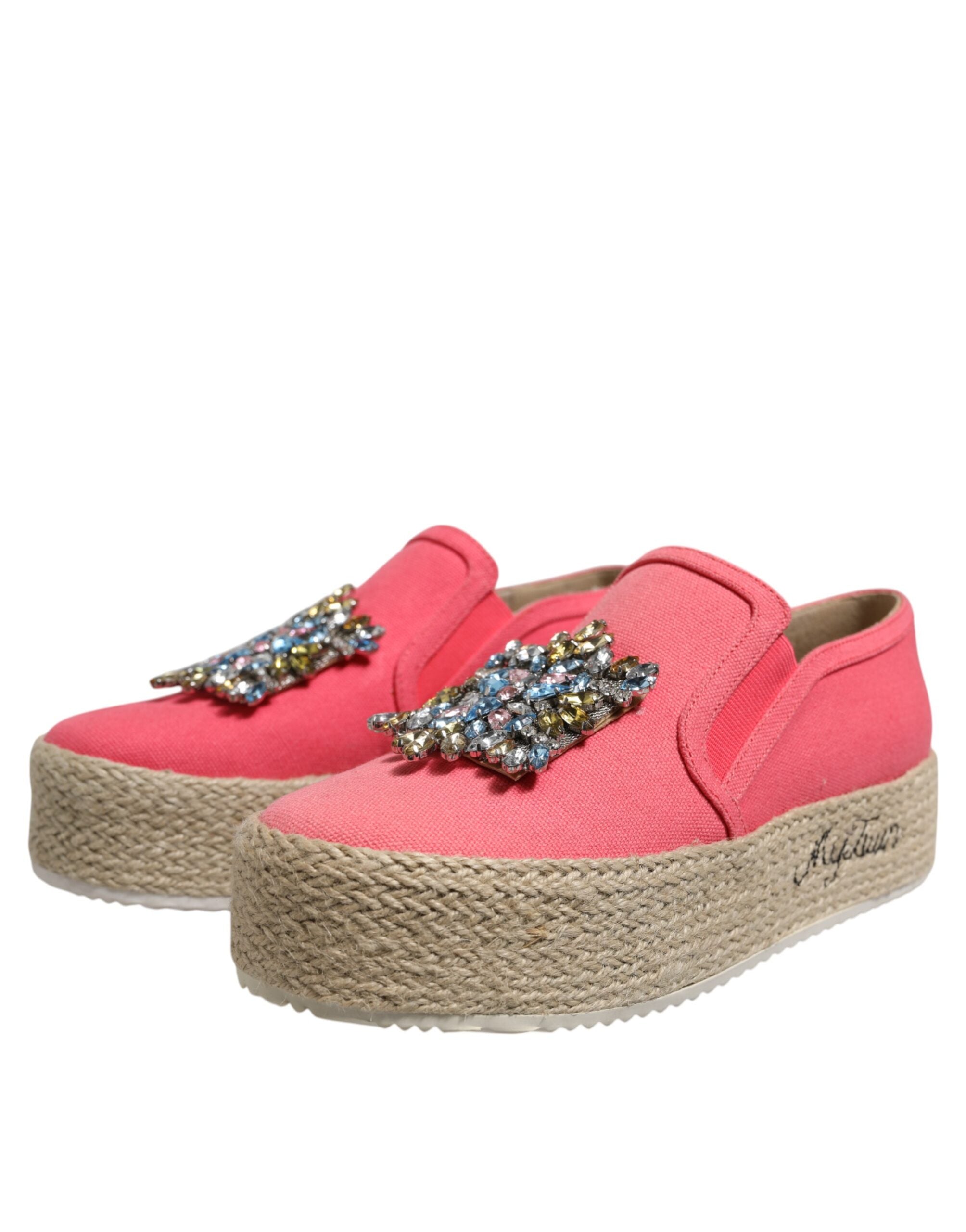 Twinset Pink Canvas Krystaludsmykkede Slip On Sko