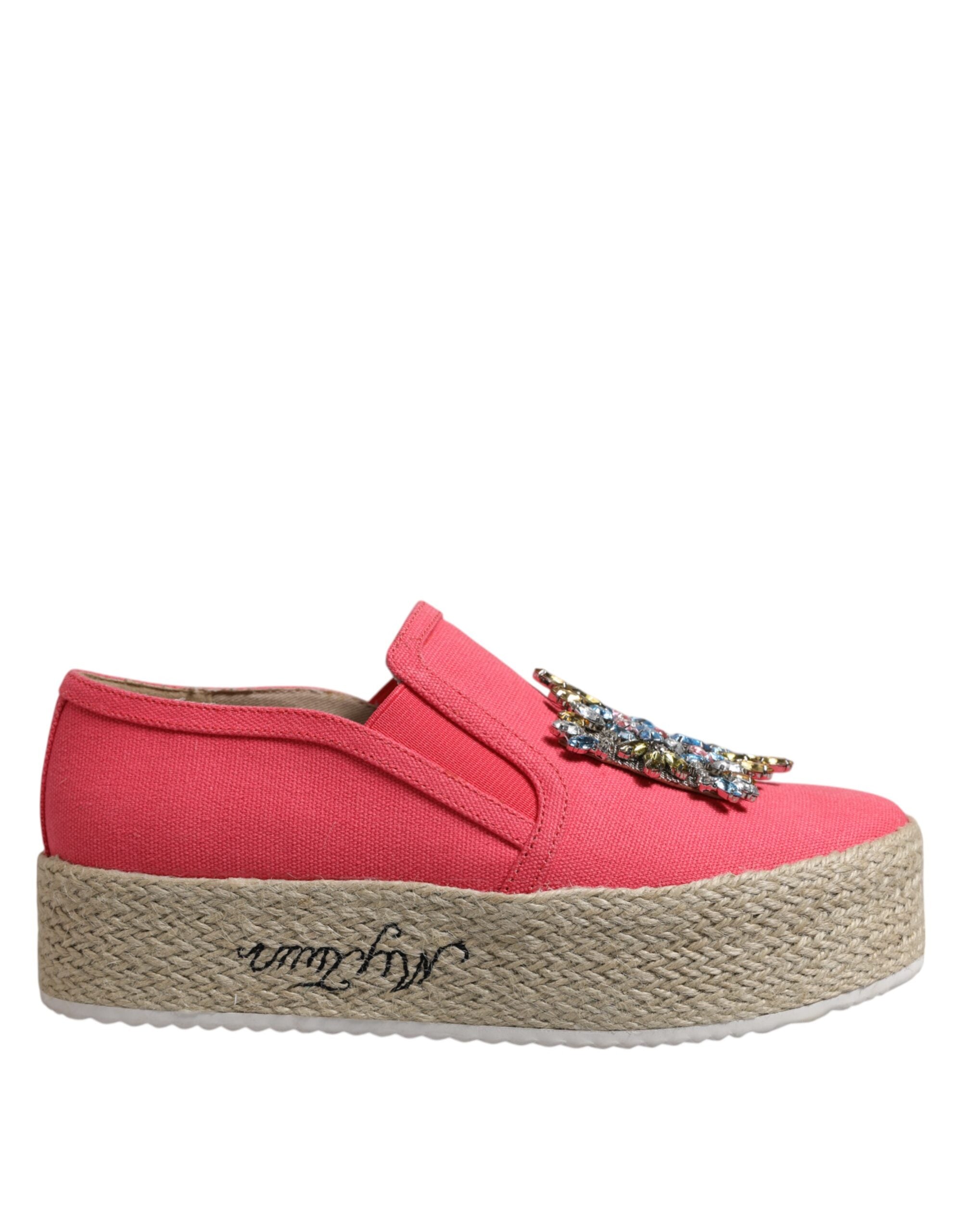 Twinset Pink Canvas Krystaludsmykkede Slip On Sko