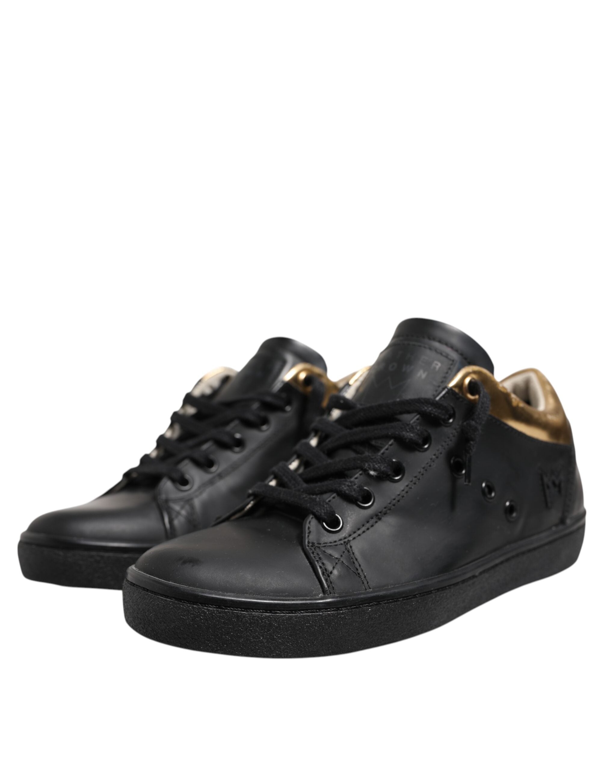 Læderkrone Sorte Guld Snøre Lave Sneakers Damesko