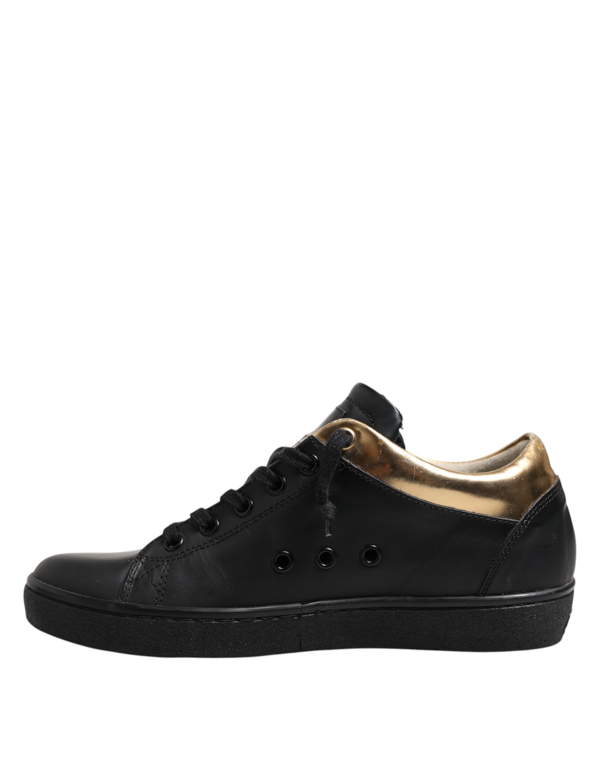 Læderkrone Sorte Guld Snøre Lave Sneakers Damesko