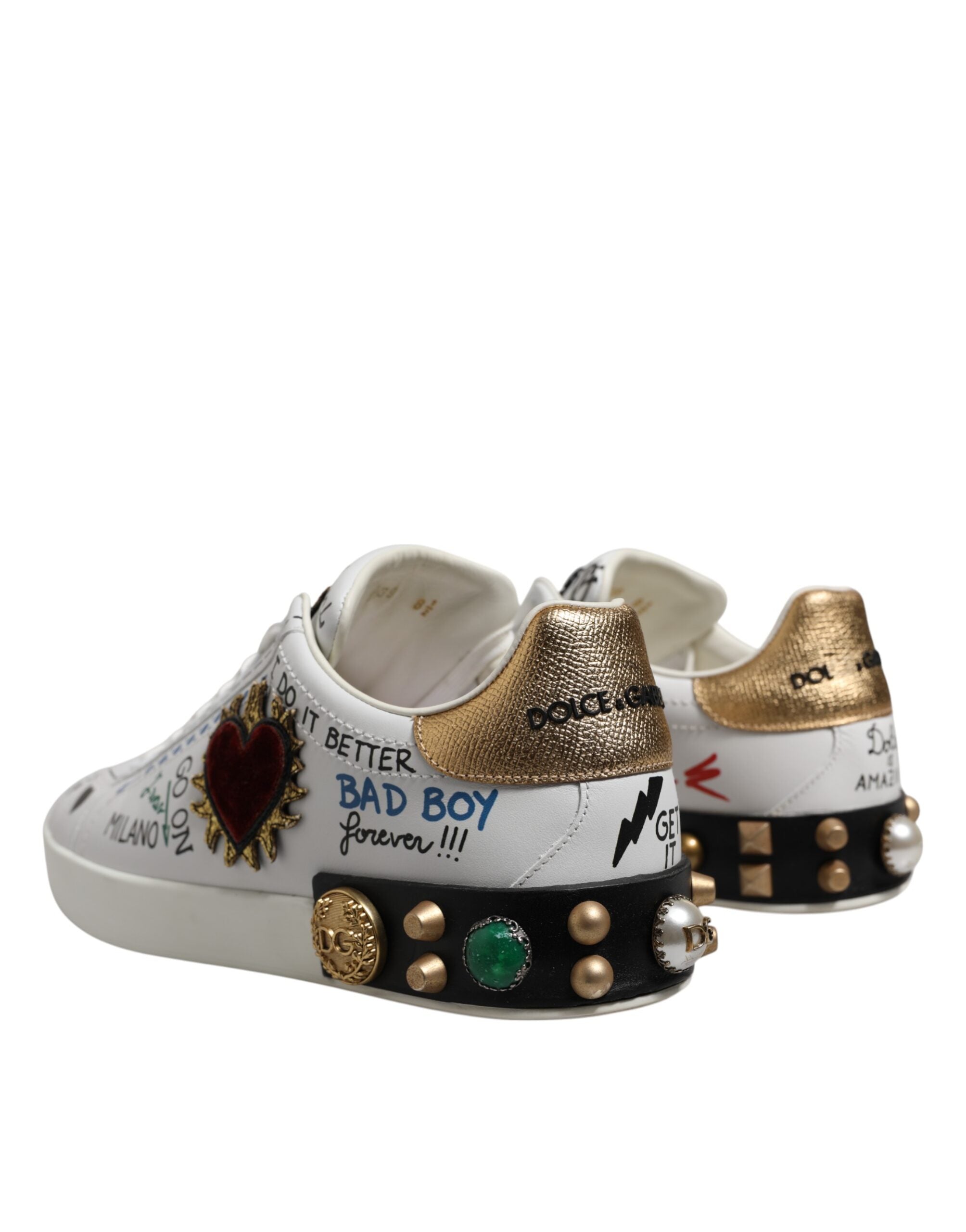 Dolce & Gabbana White Stud Heart Embellished Sneakers Shoes