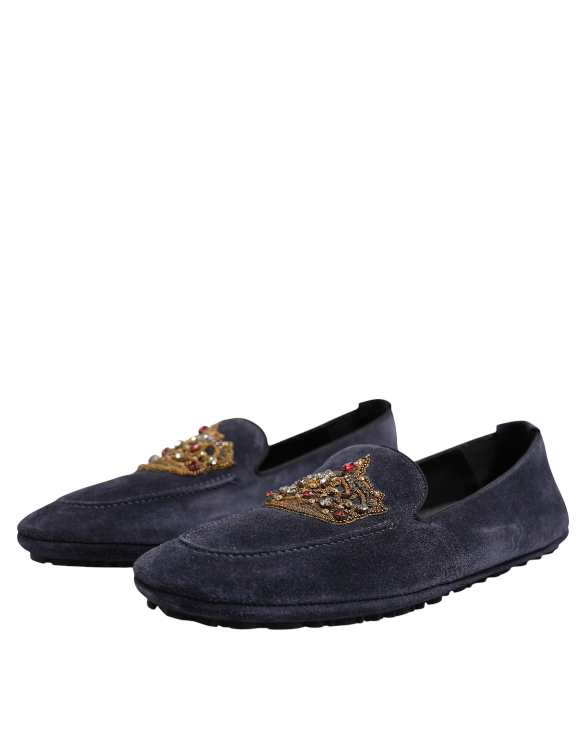 Dolce &amp; Gabbana Blå Ruskinds Loafers Med Krystalkroner Pæne Sko