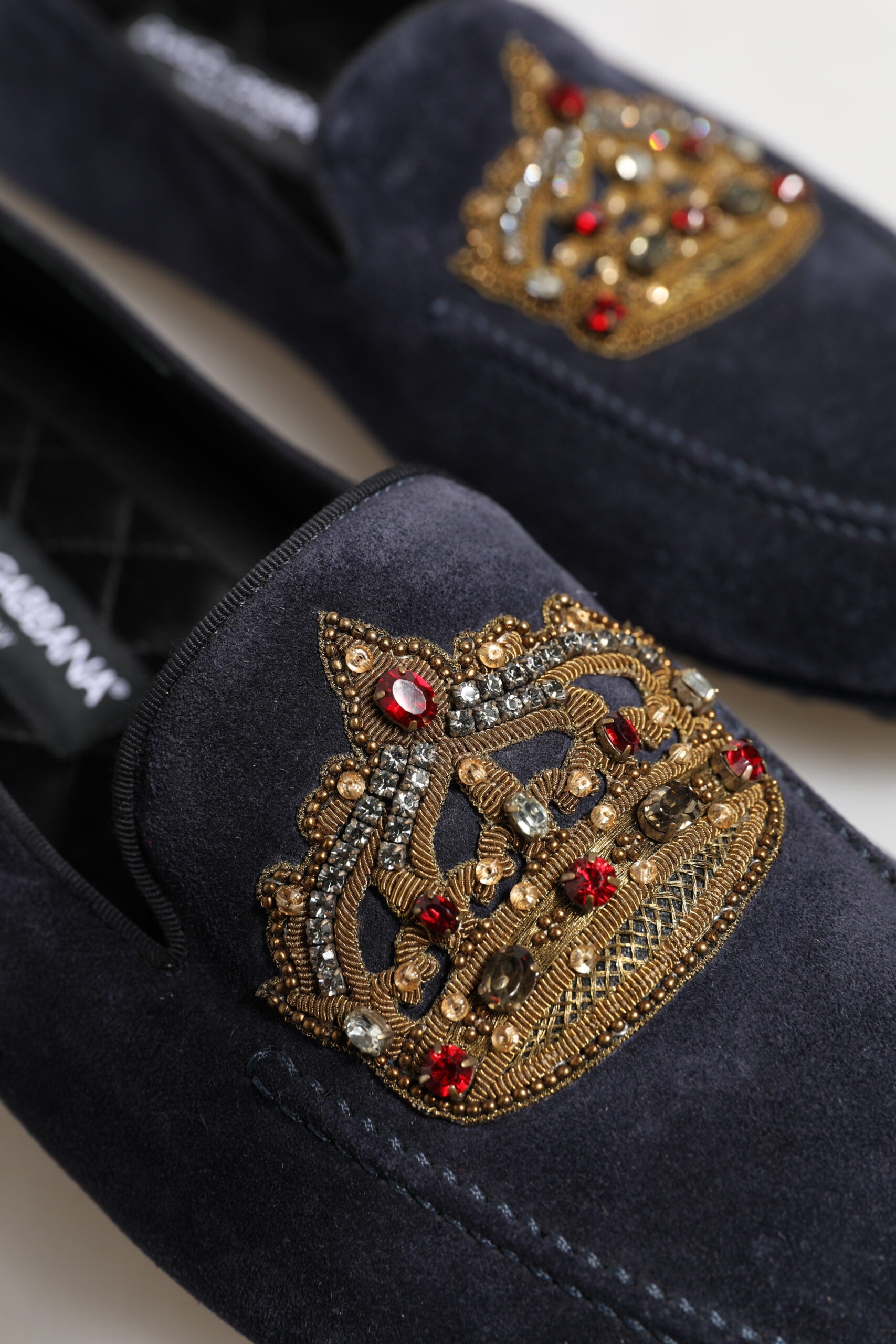 Dolce &amp; Gabbana Blå Ruskinds Loafers Med Krystalkroner Pæne Sko