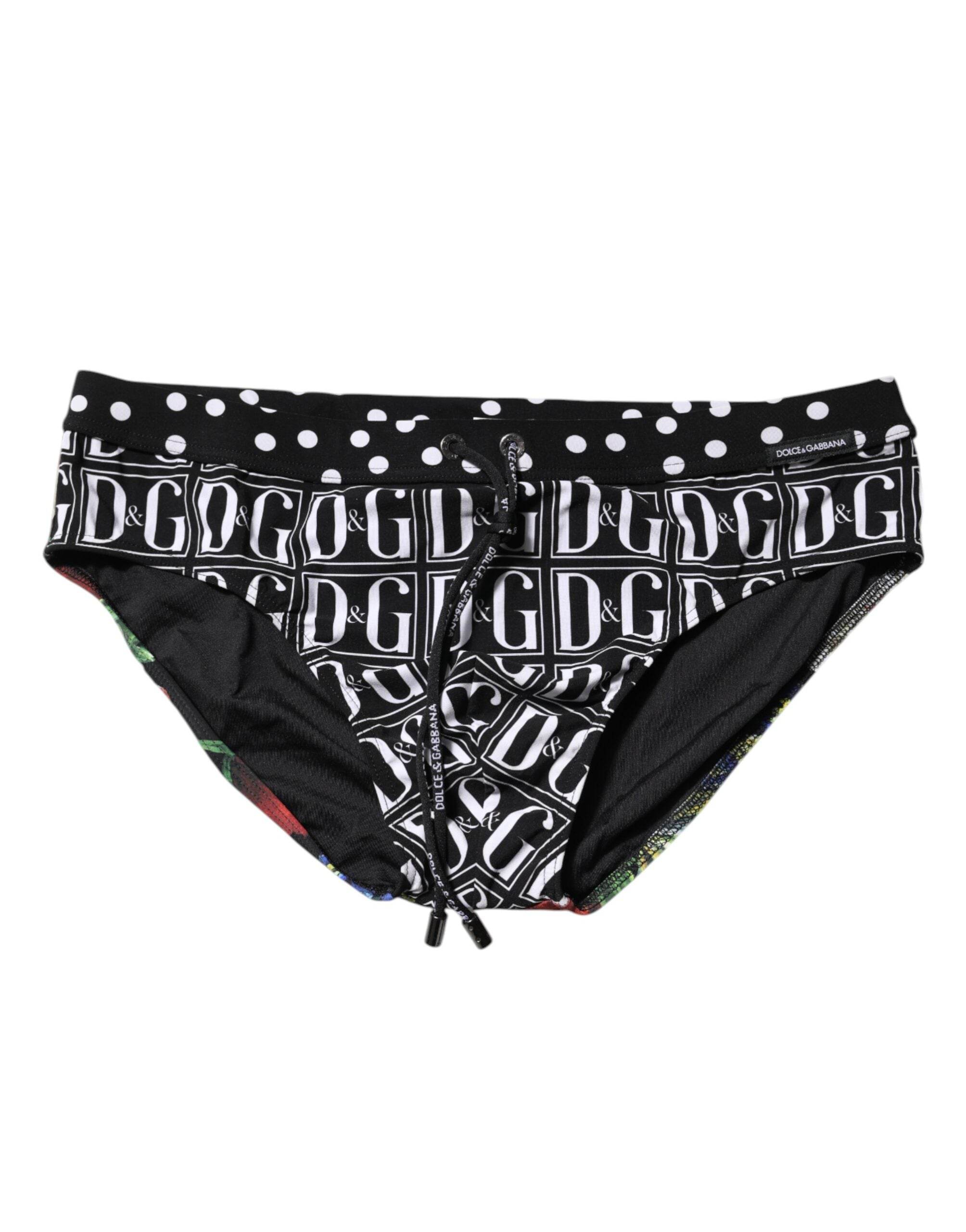 Dolce & Gabbana Black Floral Logo Beachwear Men Brief Swimwear - Hilstor