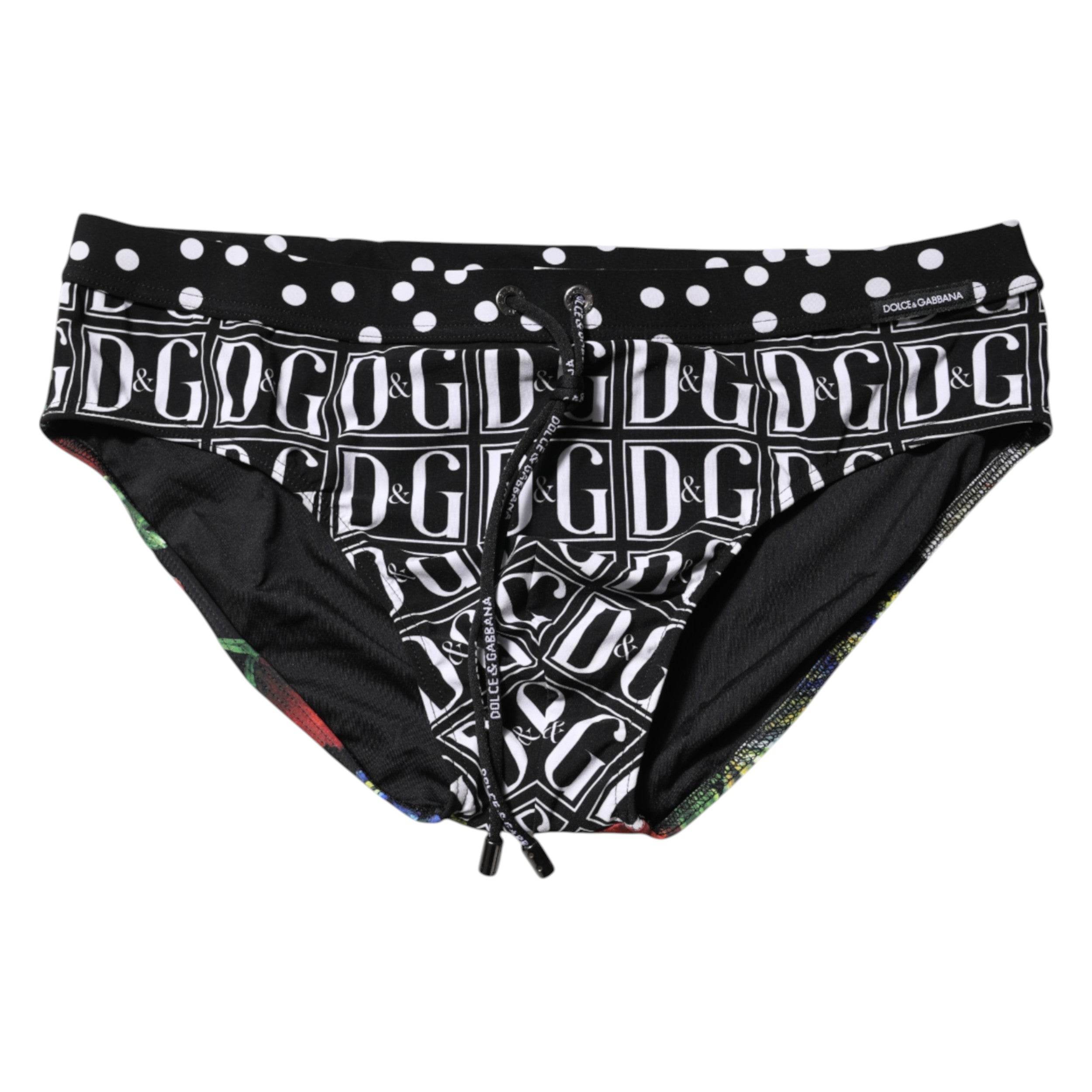 Dolce & Gabbana Black Floral Logo Beachwear Men Brief Swimwear - Hilstor