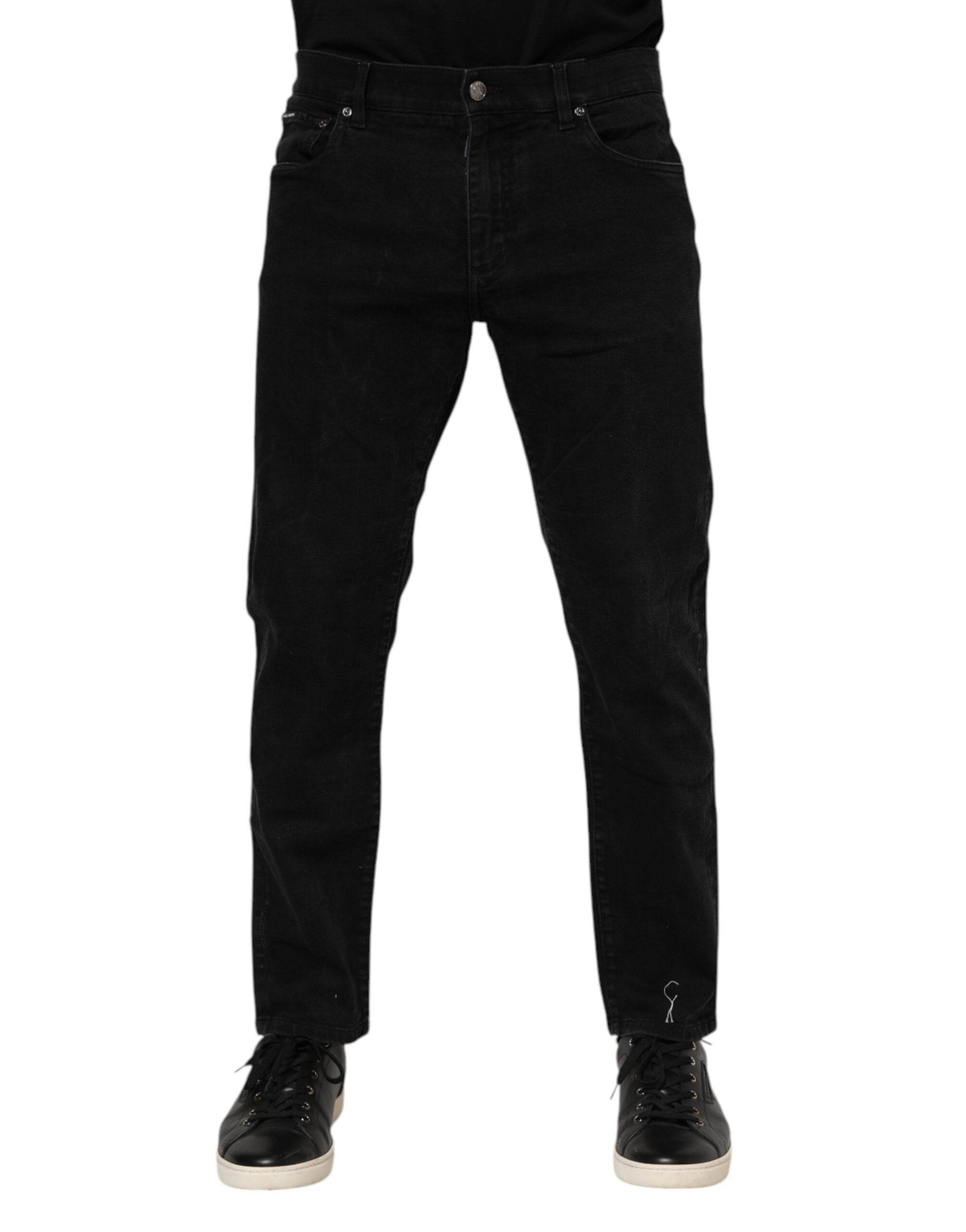 Dolce & Gabbana Black Cotton Logo Plaque Slim Fit Denim Jeans - Hilstor