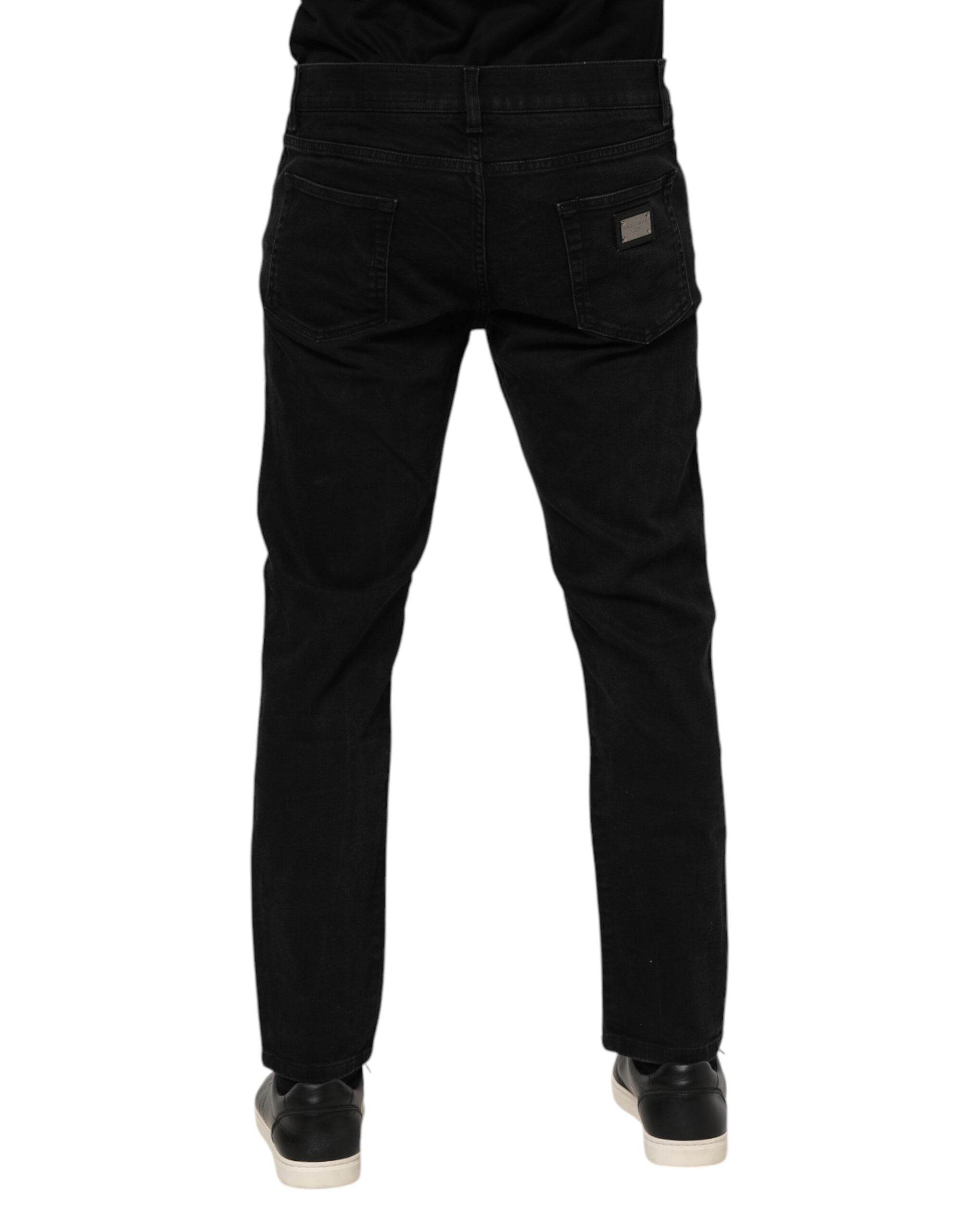 Dolce & Gabbana Black Cotton Logo Plaque Slim Fit Denim Jeans - Hilstor