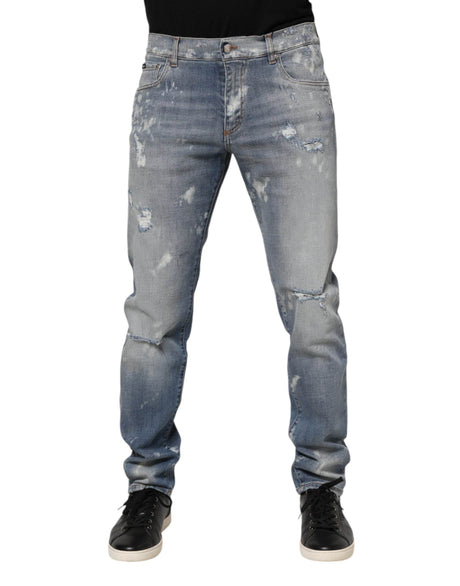 Dolce & Gabbana Blue Cotton Tattered Slim Fit Men Denim Jeans - Hilstor