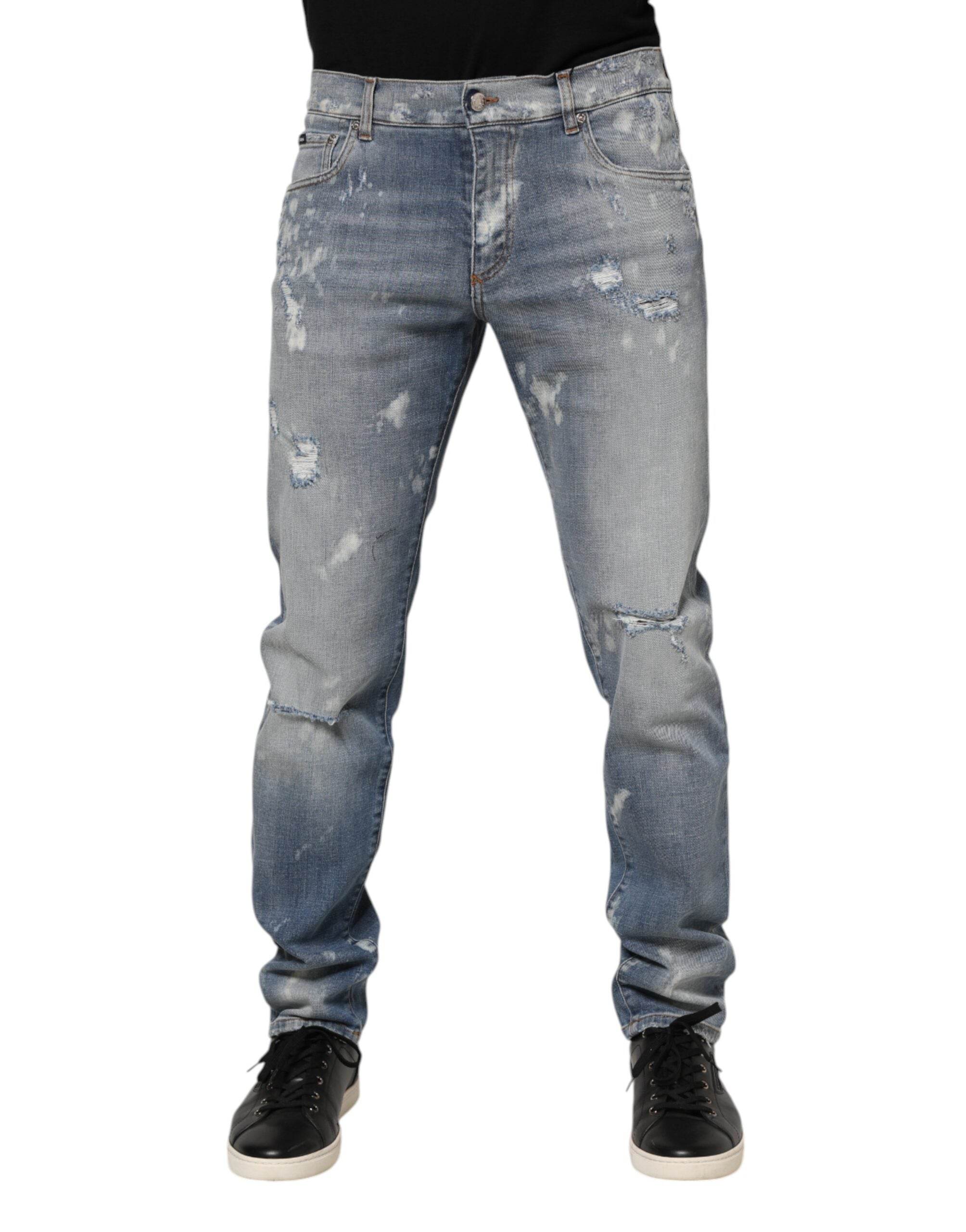 Dolce & Gabbana Blue Cotton Tattered Slim Fit Men Denim Jeans - Hilstor