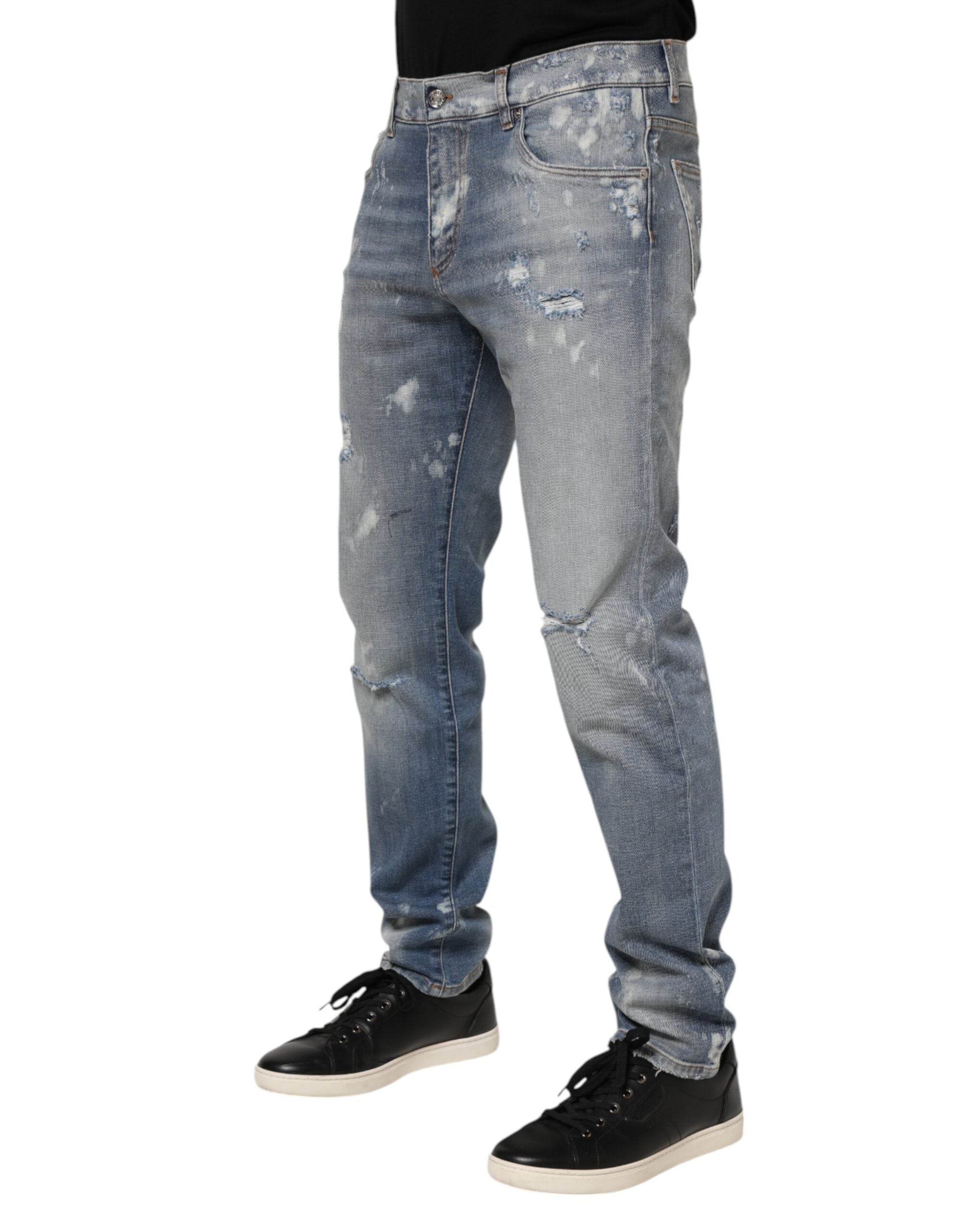 Dolce & Gabbana Blue Cotton Tattered Slim Fit Men Denim Jeans - Hilstor