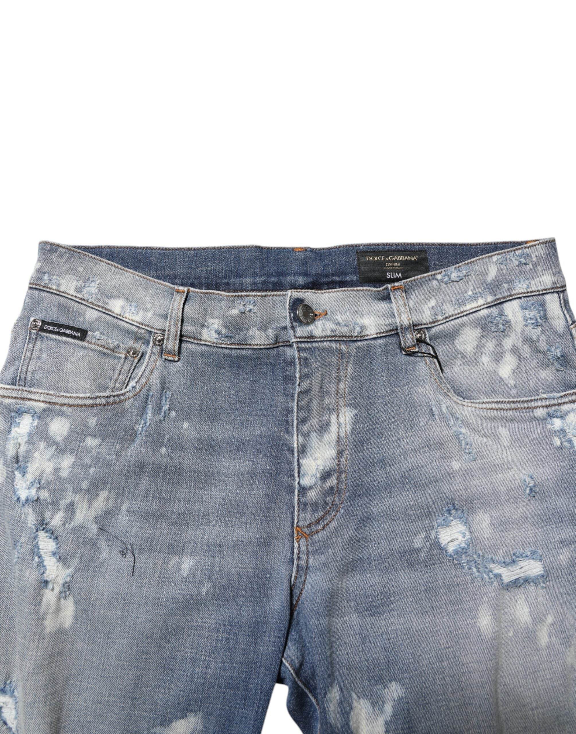 Dolce & Gabbana Blue Cotton Tattered Slim Fit Men Denim Jeans - Hilstor