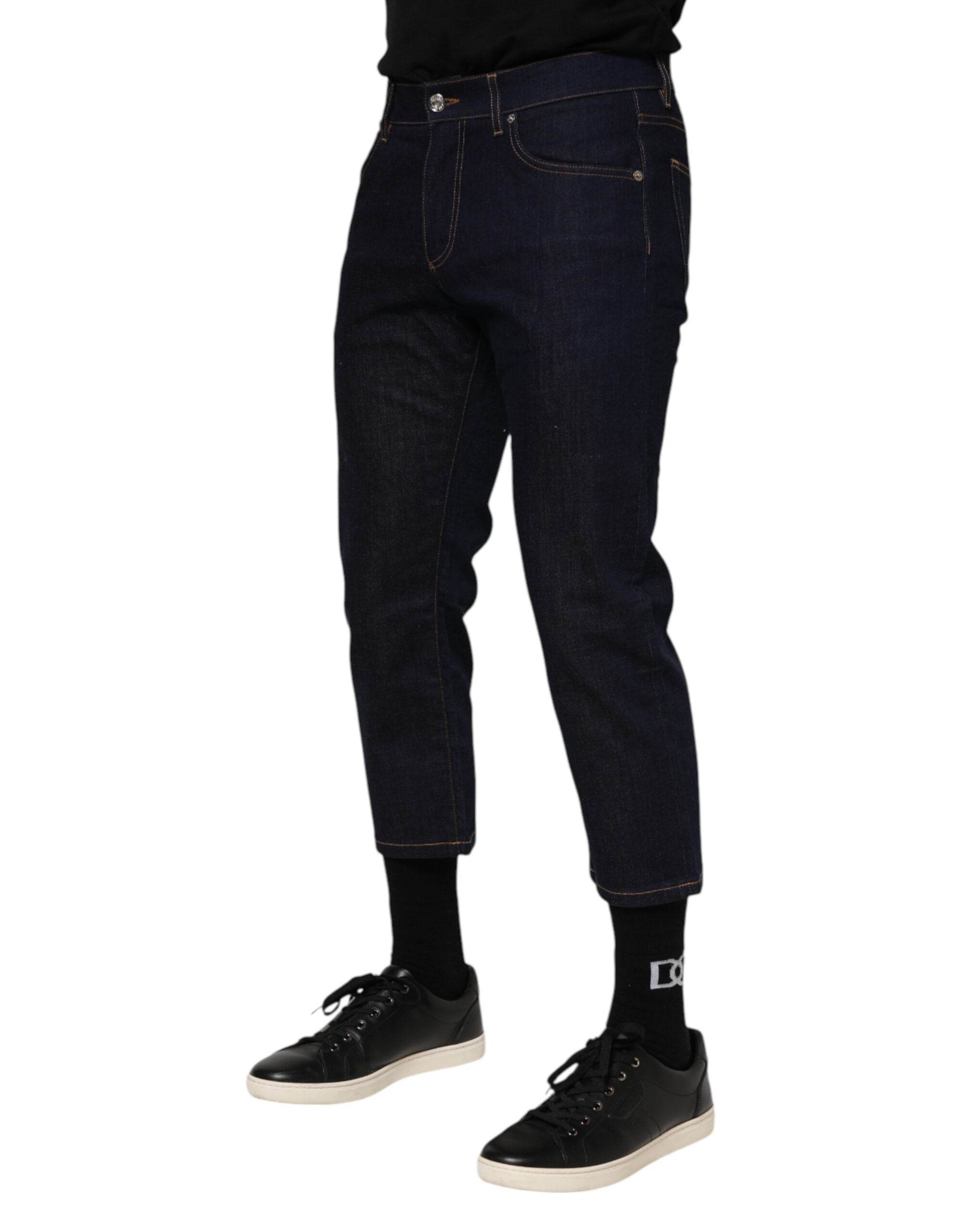 Dolce & Gabbana Dark Blue Cotton Logo Slim Fit Men Denim Jeans - Hilstor