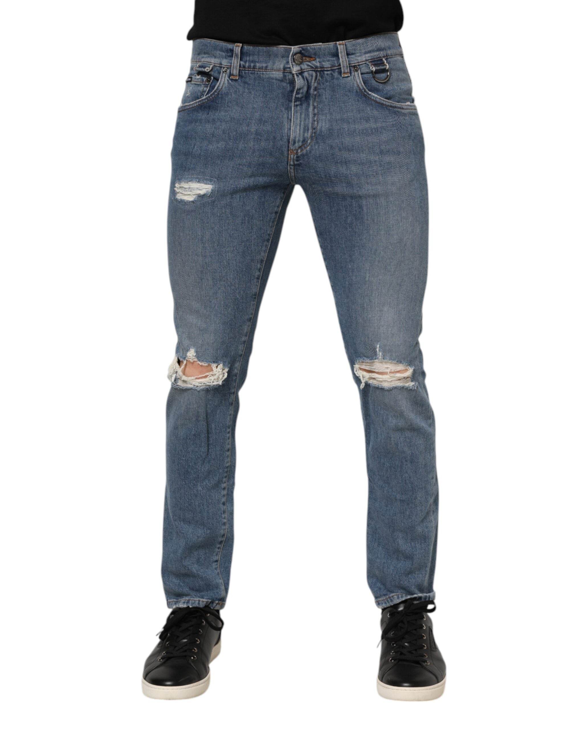 Dolce & Gabbana Blue Cotton Tattered Skinny Logo Denim Jeans - Hilstor