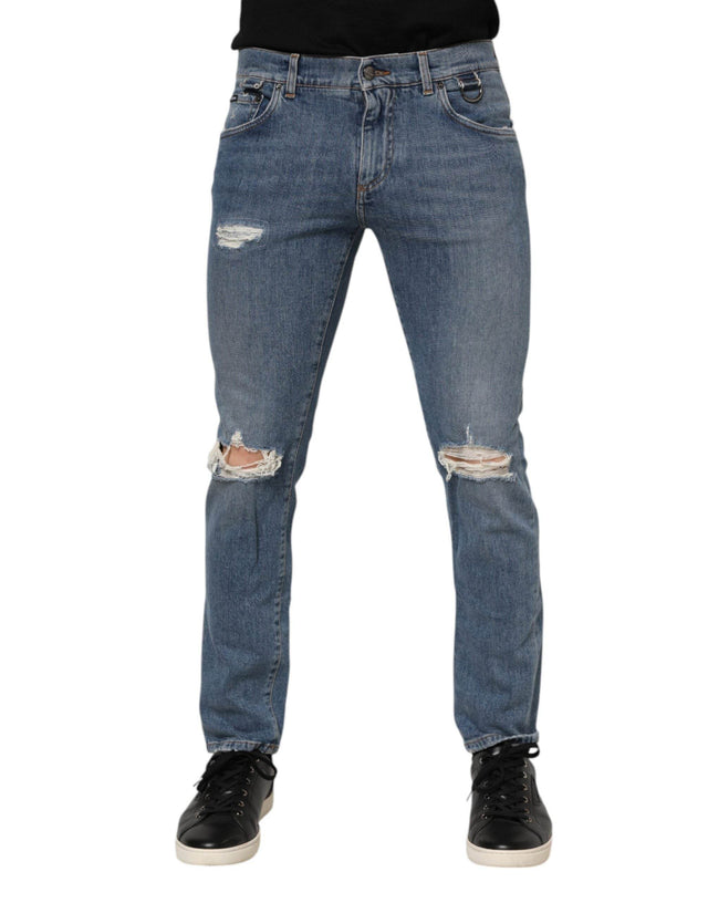Dolce & Gabbana Blue Cotton Tattered Skinny Logo Denim Jeans - Hilstor