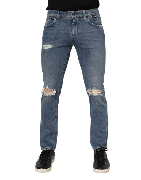 Dolce & Gabbana Blue Cotton Tattered Skinny Logo Denim Jeans - Hilstor