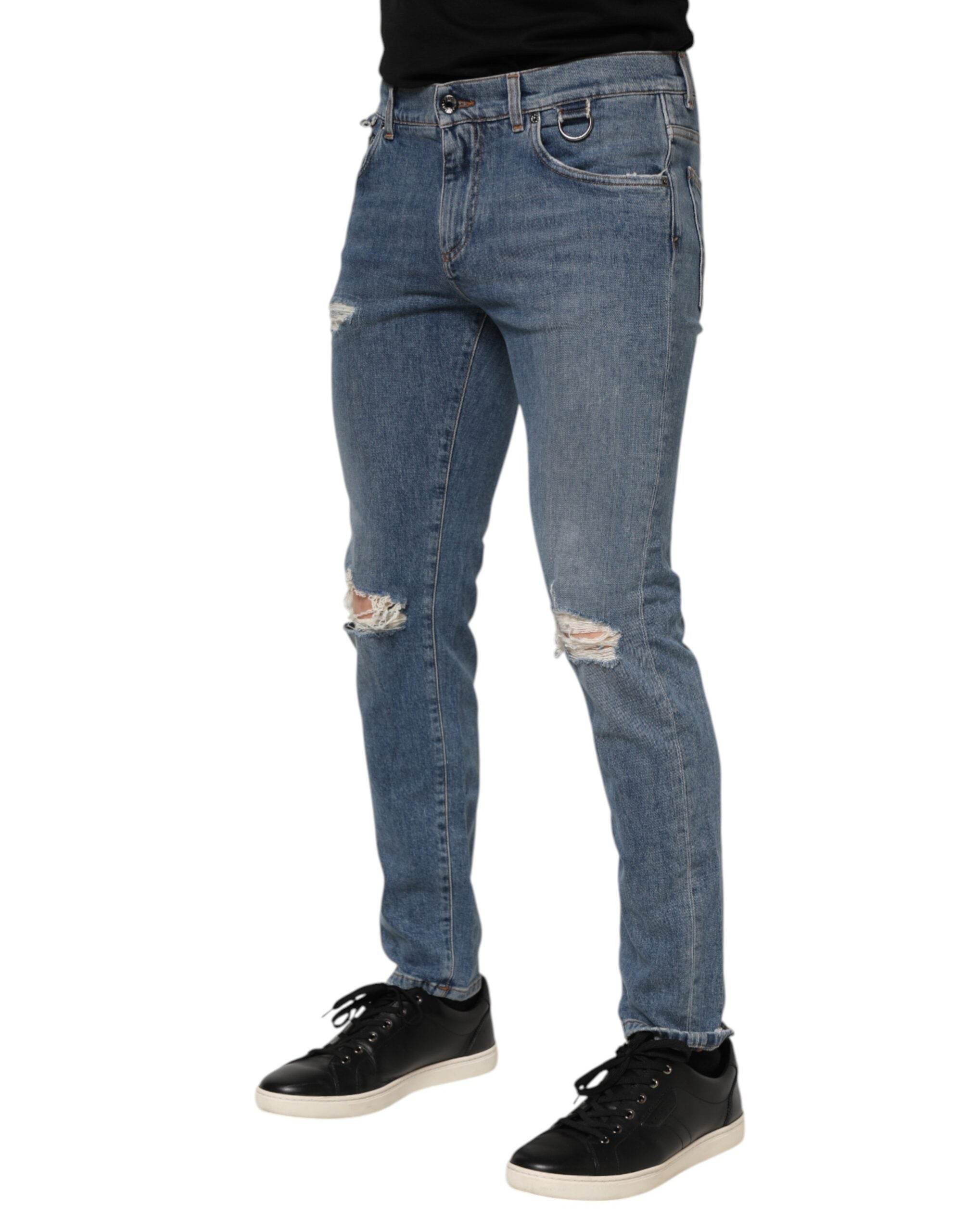 Dolce & Gabbana Blue Cotton Tattered Skinny Logo Denim Jeans - Hilstor
