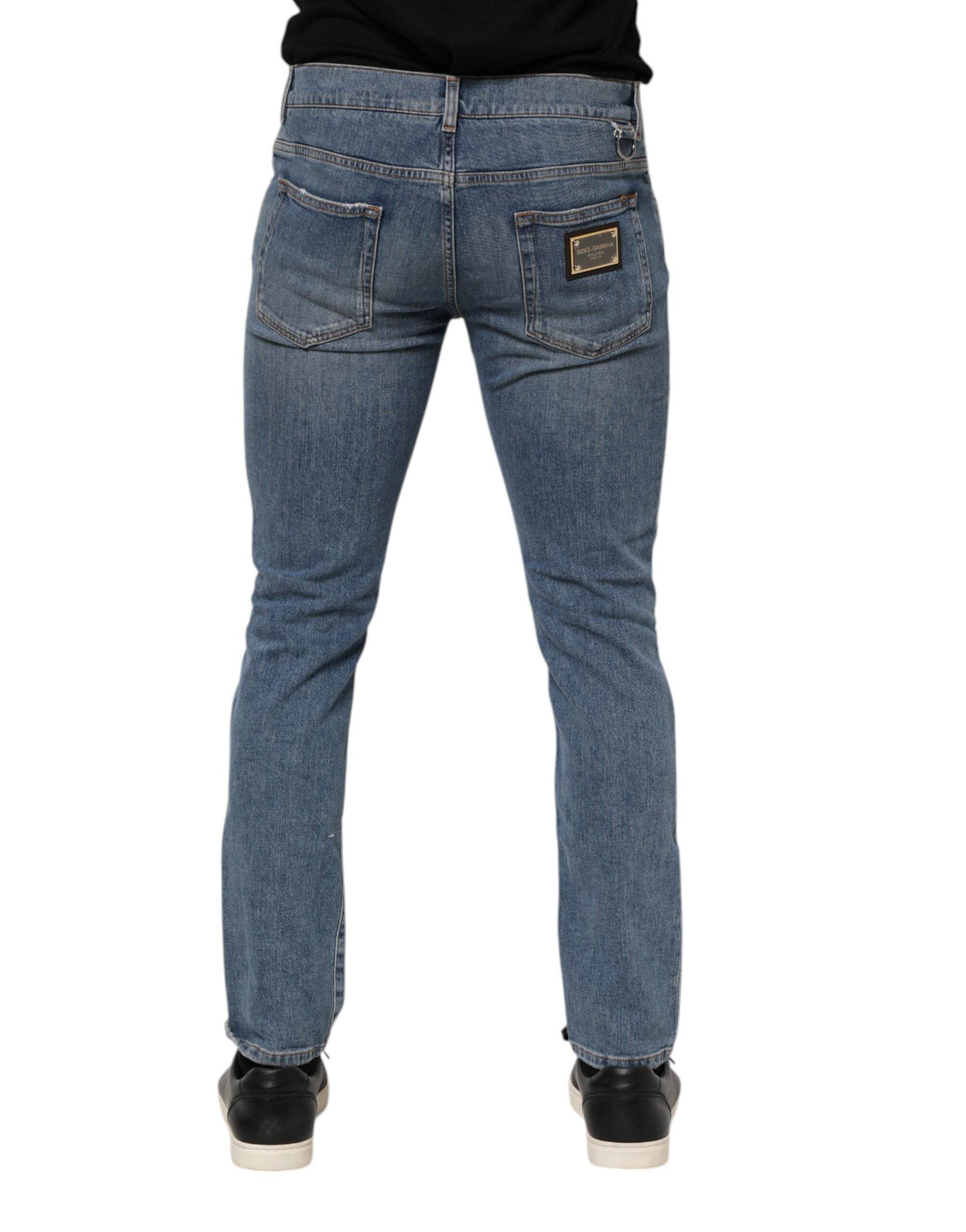 Dolce & Gabbana Blue Cotton Tattered Skinny Logo Denim Jeans - Hilstor