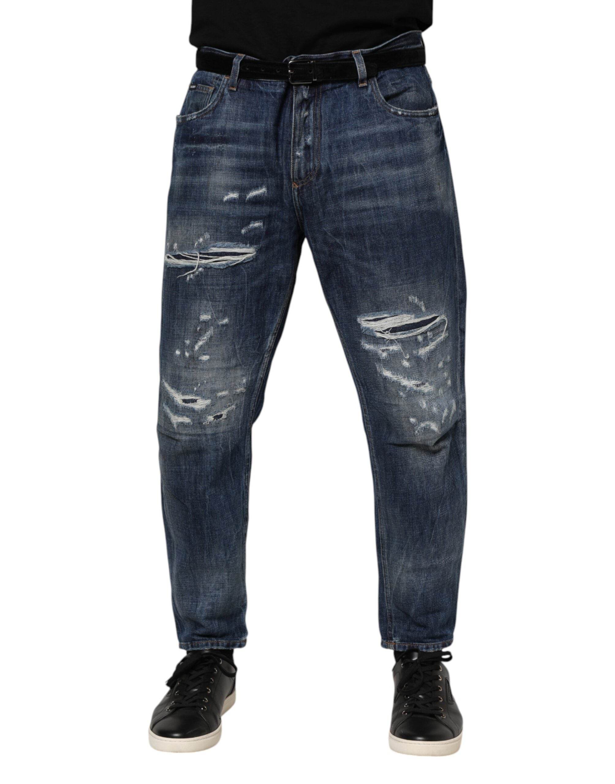 Dolce & Gabbana Blue Cotton Tattered Tapered Men Denim Jeans - Hilstor